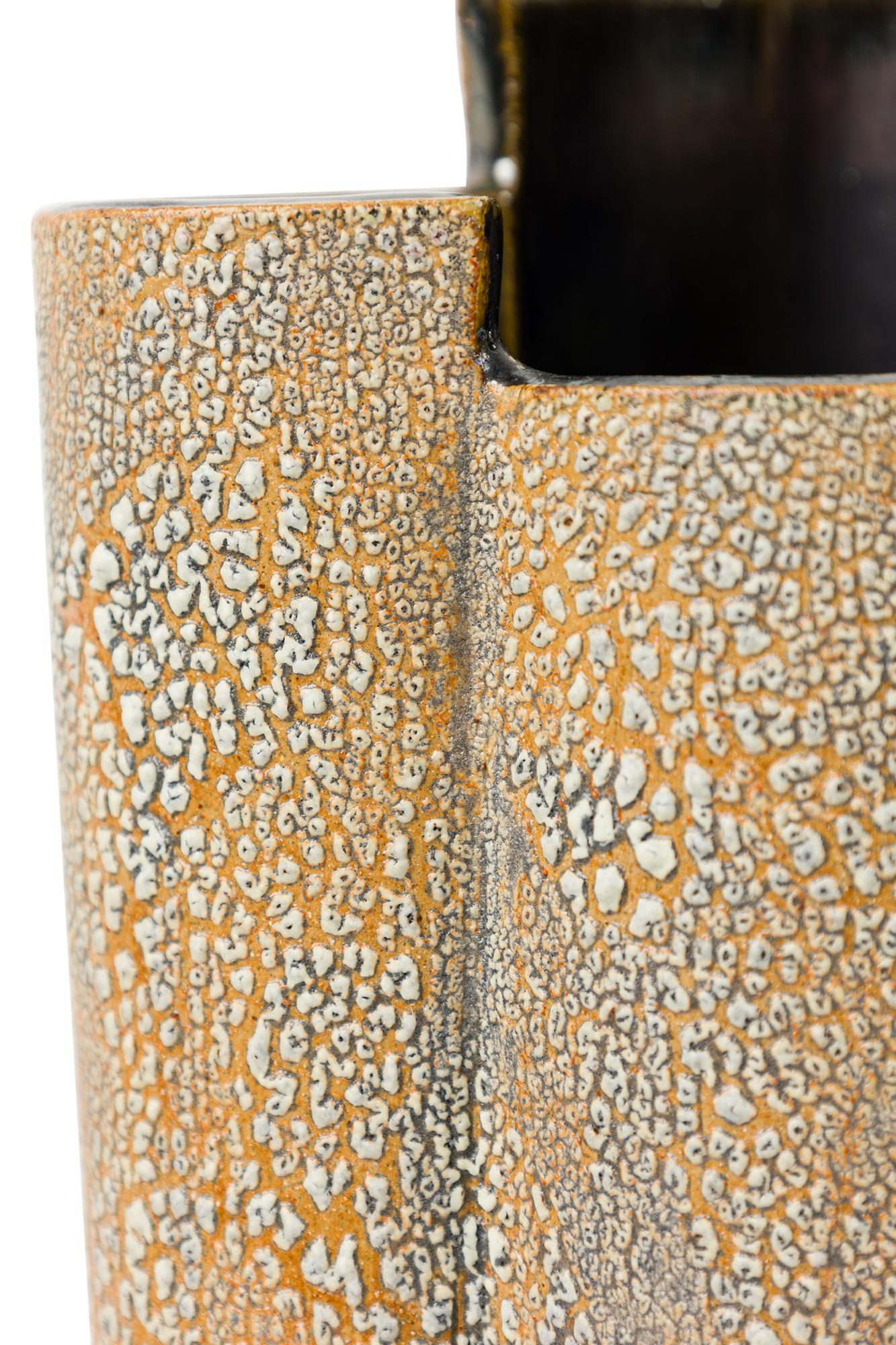 Ceramica Gary Dipasquale Vaso alto a lobi e con piede nero metallizzato Esterno corteccia in vendita