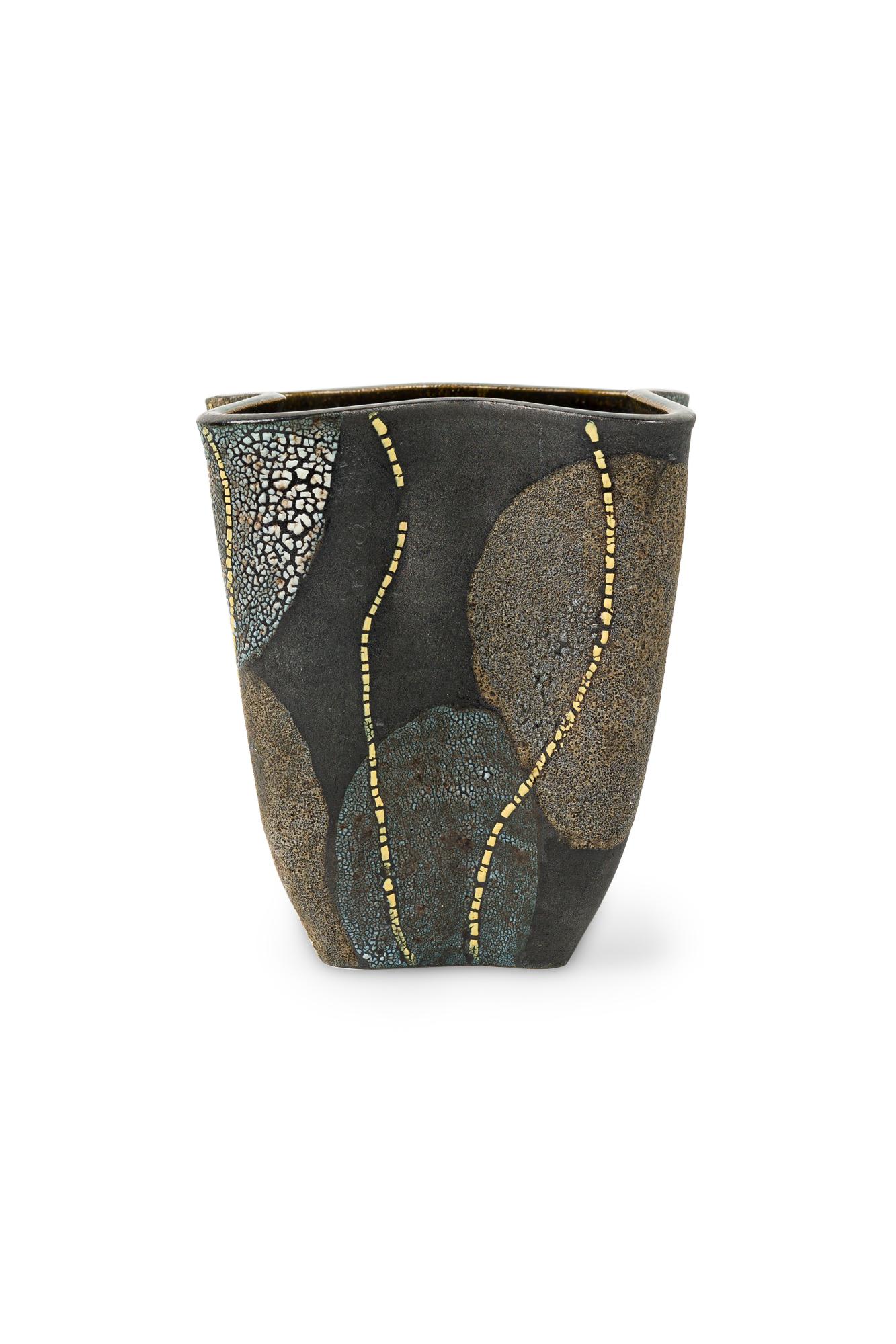 Gary DiPasquale Contemporary Wheel Thrown Vessel in Black, White & Grey Textured Glaze and Abstract Yellow Lines