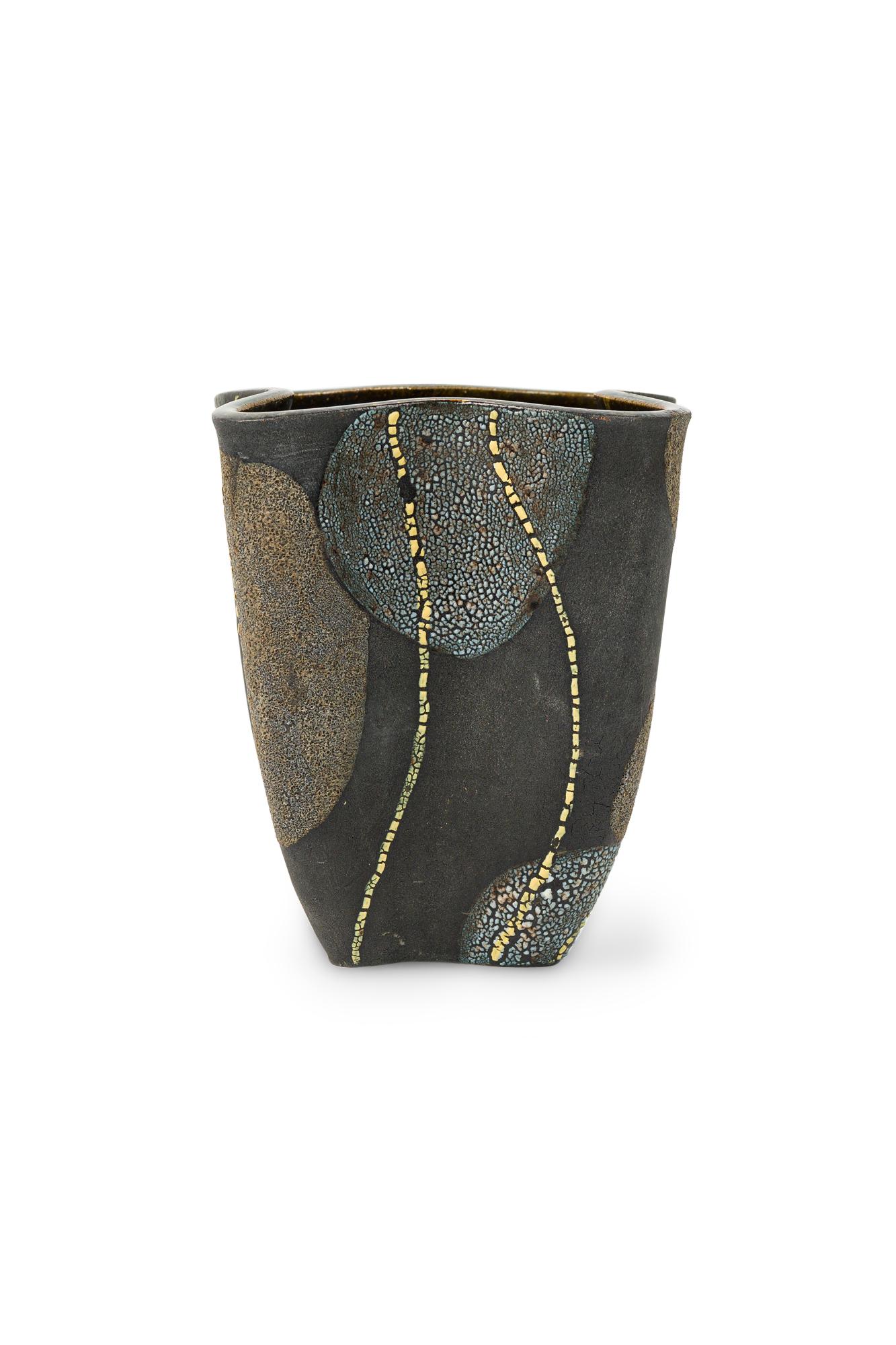 Modern Gary DiPasquale Wheel Thrown Vessel in Black, White Textured Glaze & Abstract For Sale