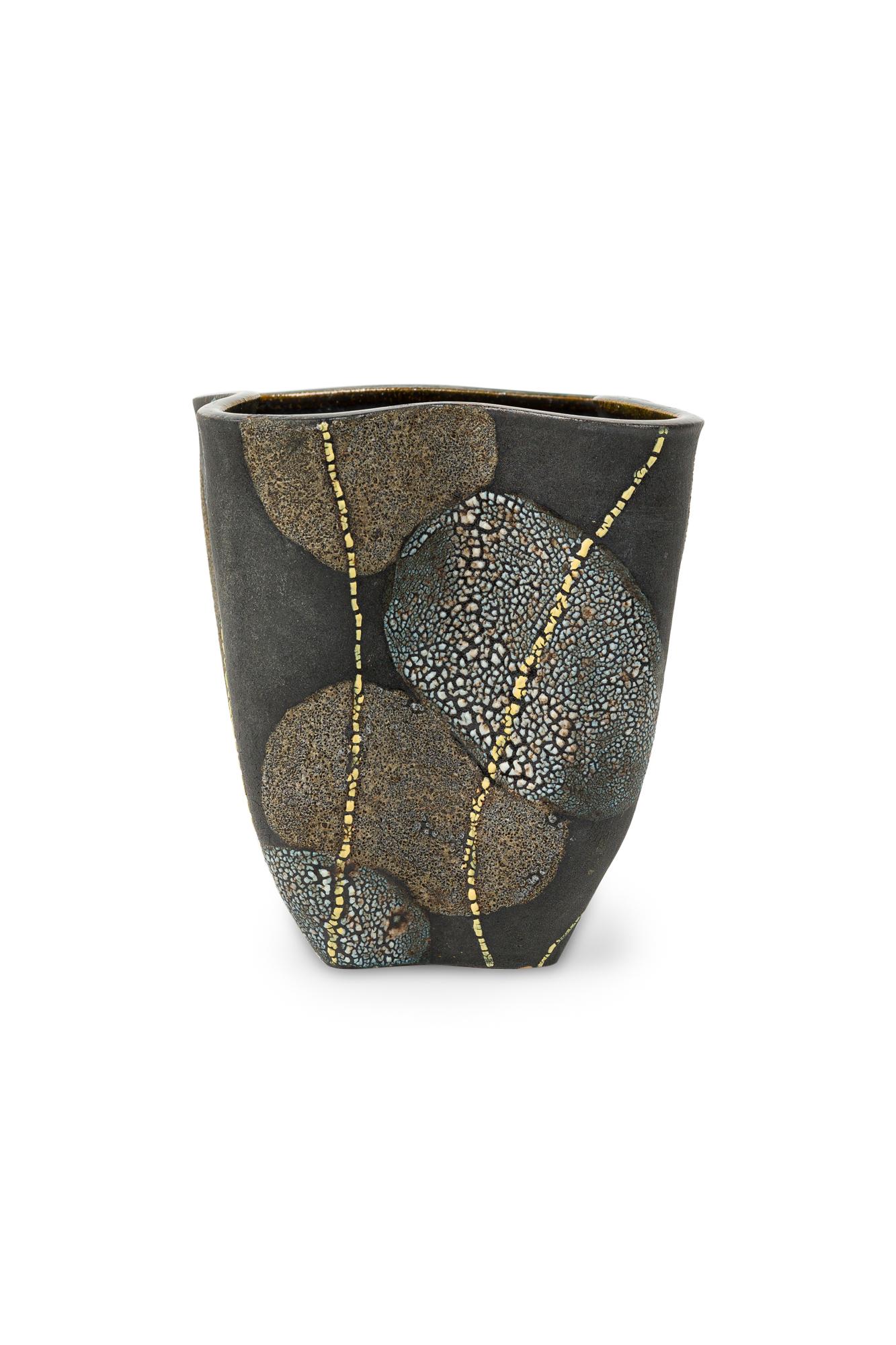 American Gary DiPasquale Wheel Thrown Vessel in Black, White Textured Glaze & Abstract For Sale