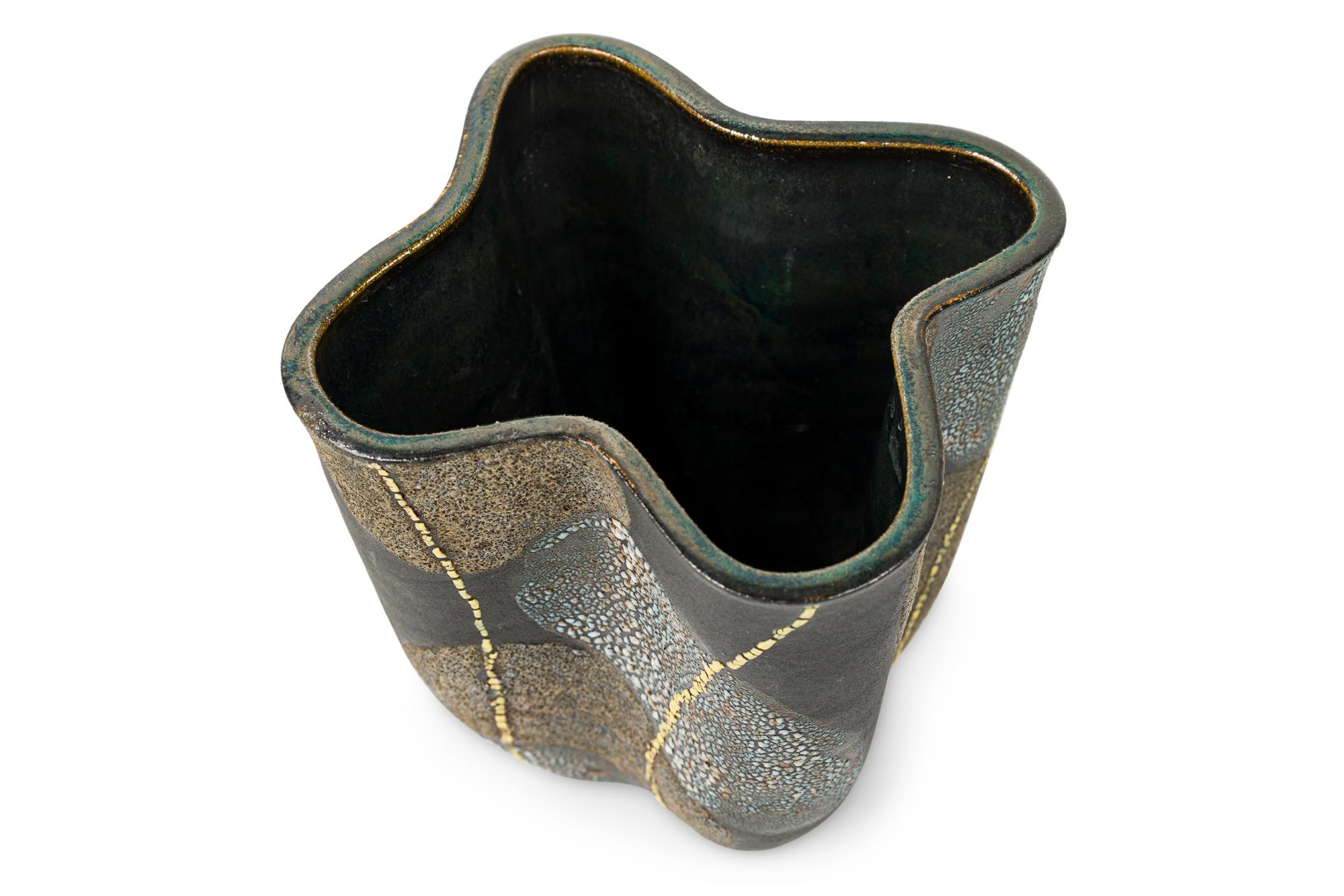 Hand-Crafted Gary DiPasquale Wheel Thrown Vessel in Black, White Textured Glaze & Abstract For Sale