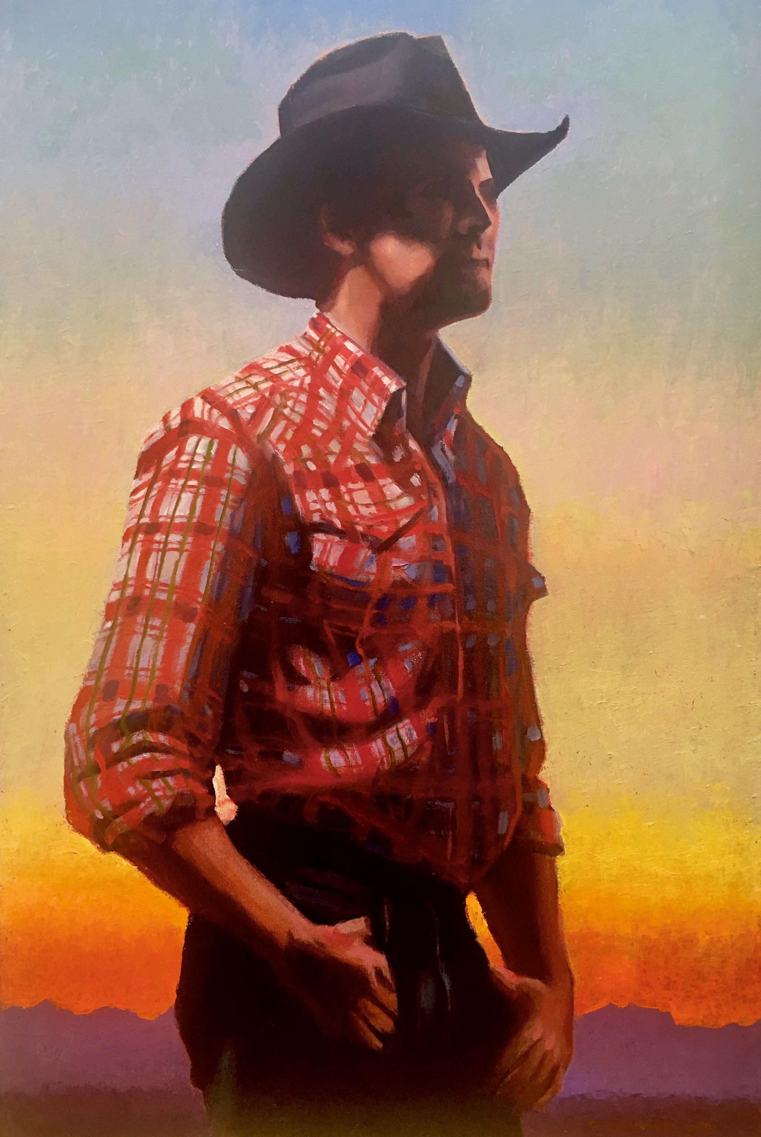 Gary Ernest Smith Figurative Painting - "Cowboy in Plaid"