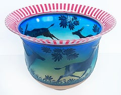 Gary Genetti Blown Cameo Glass Antelope Vase, Etched Overlay, 2008