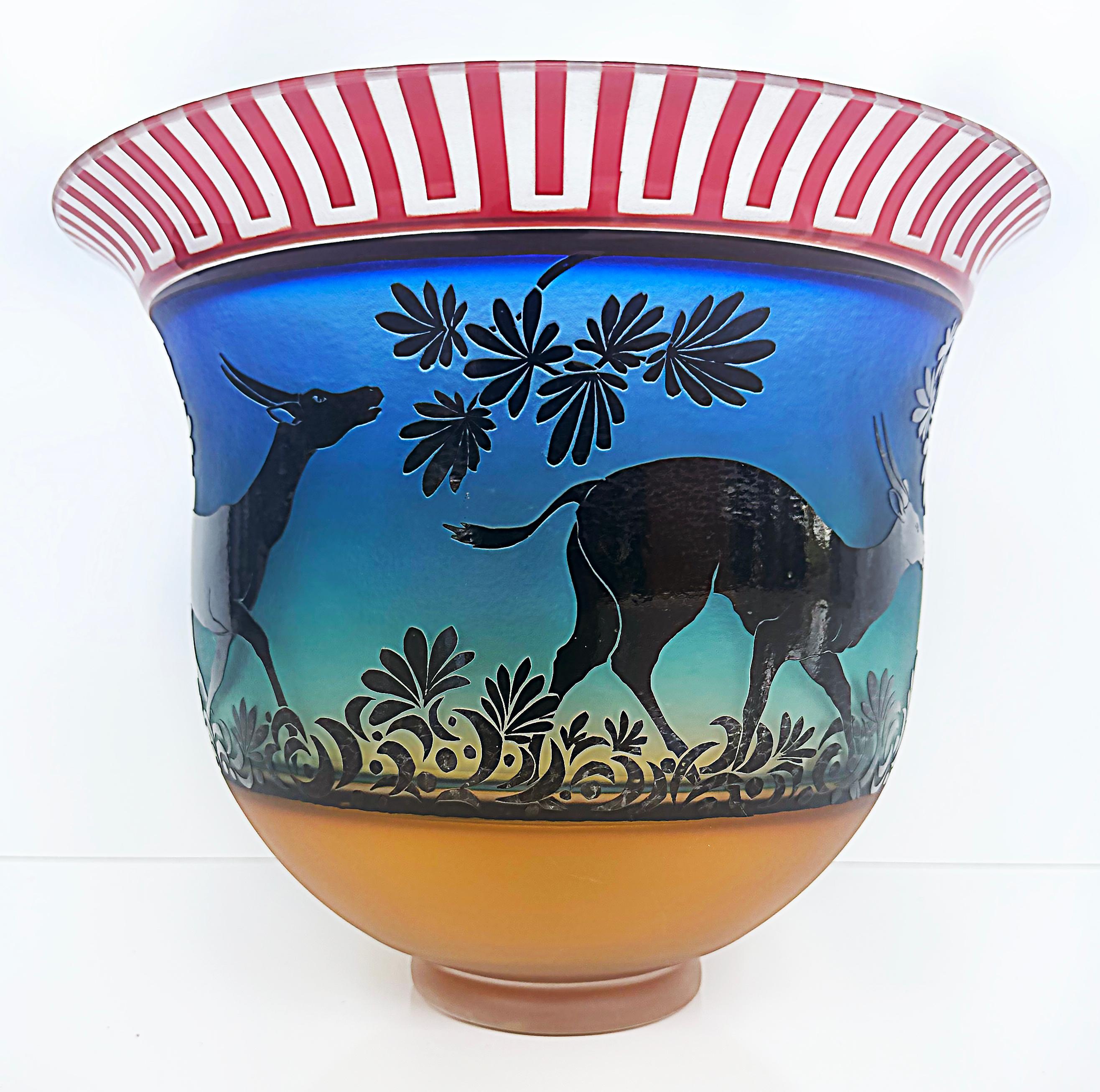 American Gary Genetti Blown Cameo Glass Antelope Vase, Etched Overlay, 2008 For Sale