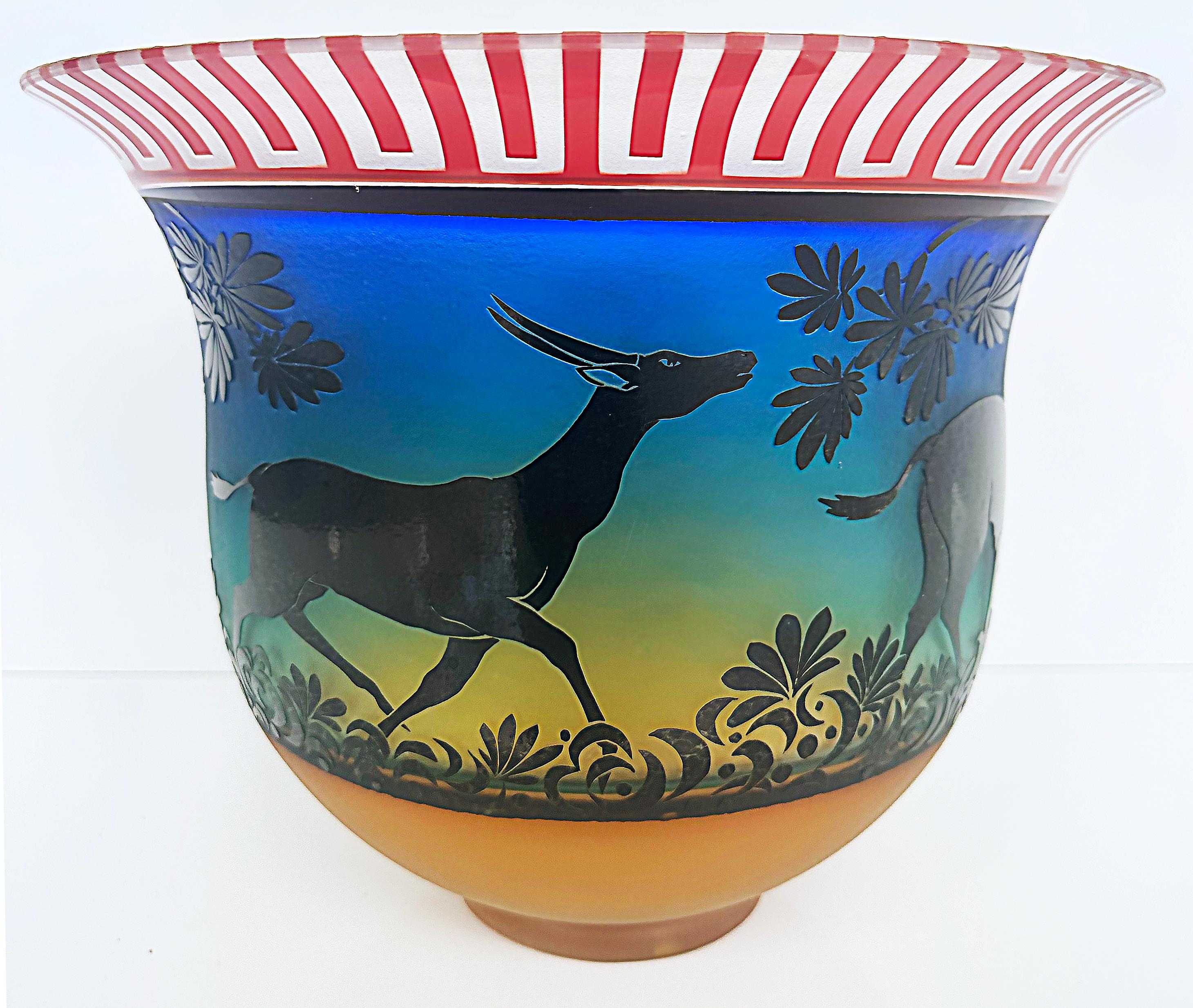 Gary Genetti Blown Cameo Glass Antelope Vase, Etched Overlay, 2008 In Good Condition For Sale In Miami, FL