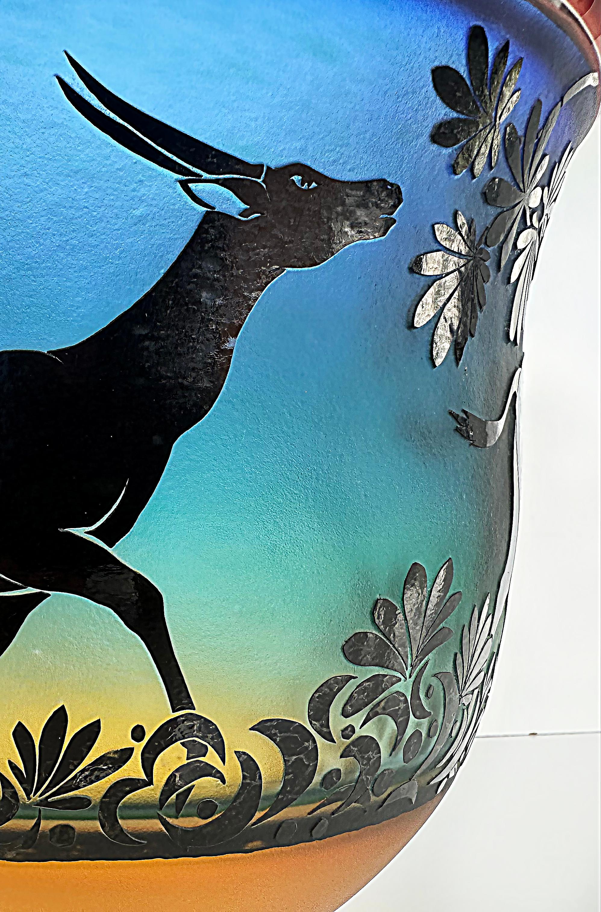 Contemporary Gary Genetti Blown Cameo Glass Antelope Vase, Etched Overlay, 2008 For Sale