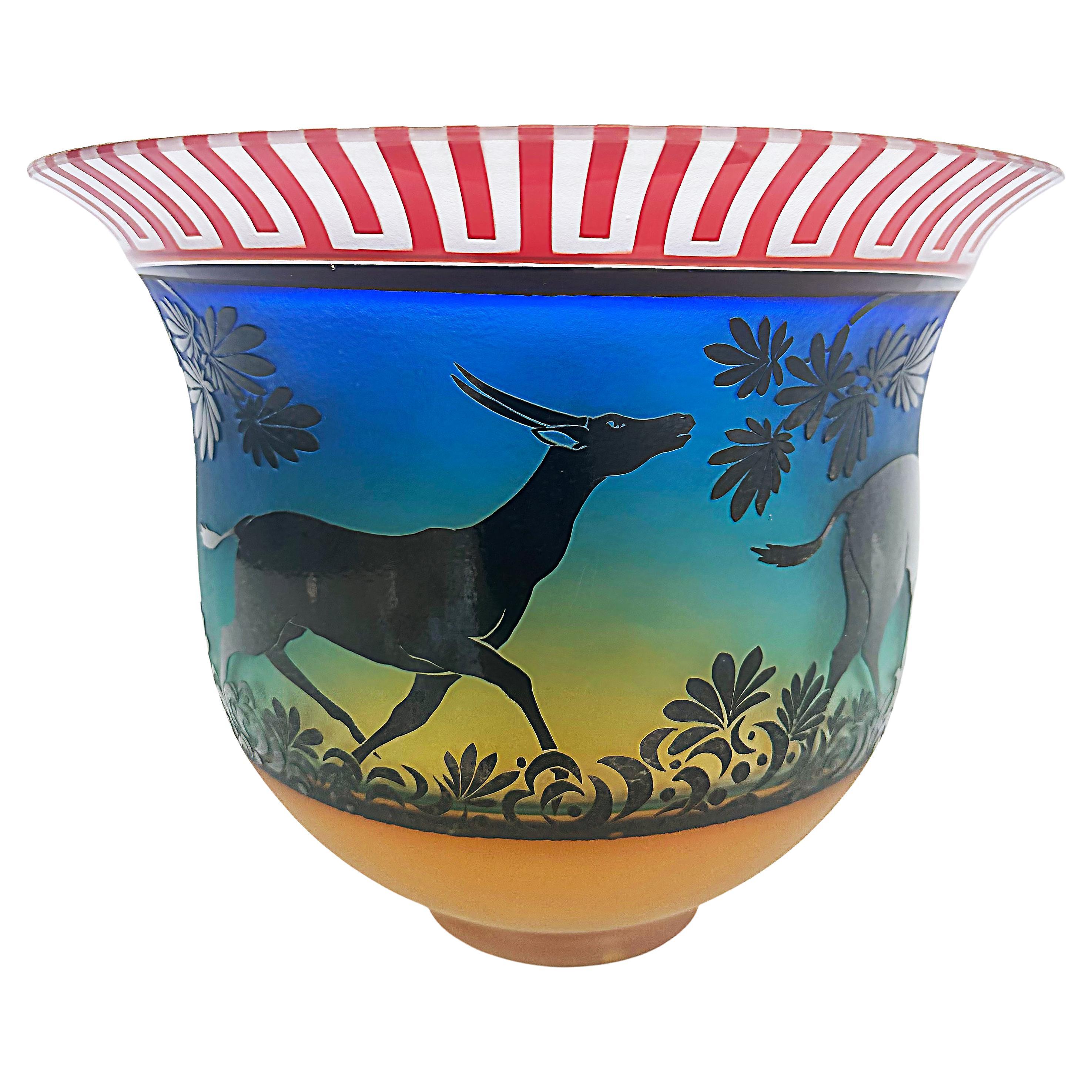 Gary Genetti Blown Cameo Glass Antelope Vase, Etched Overlay, 2008 For Sale