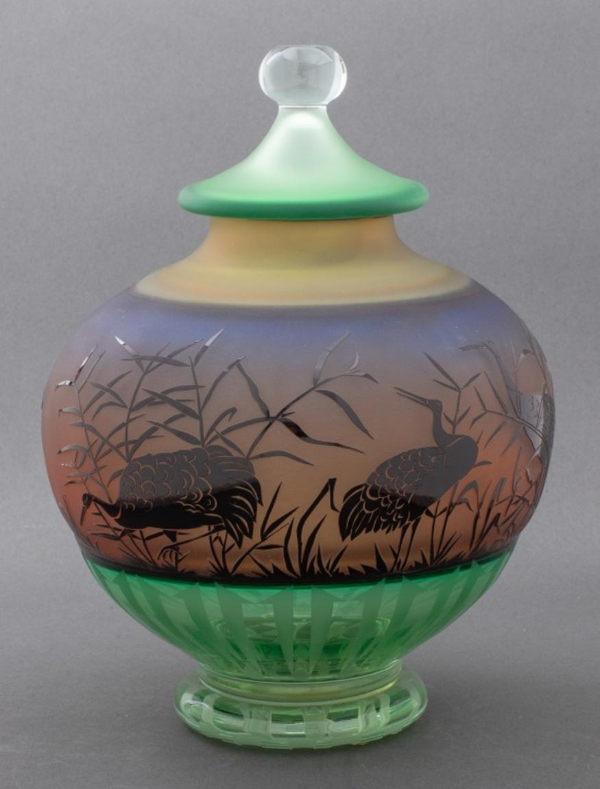 Art Deco Gary Genetti Covered Glass Vase with Cranes