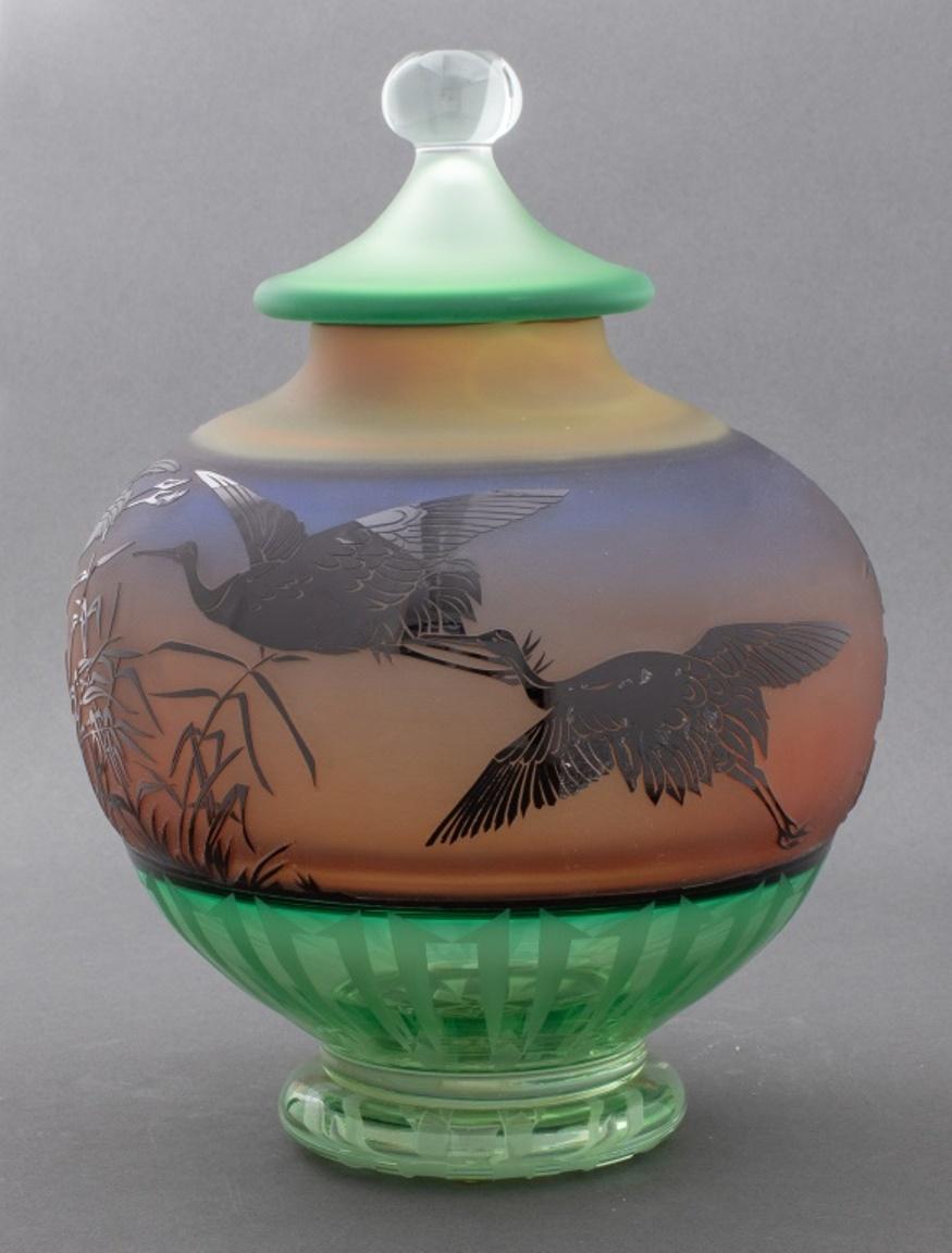 20th Century Gary Genetti Covered Glass Vase with Cranes