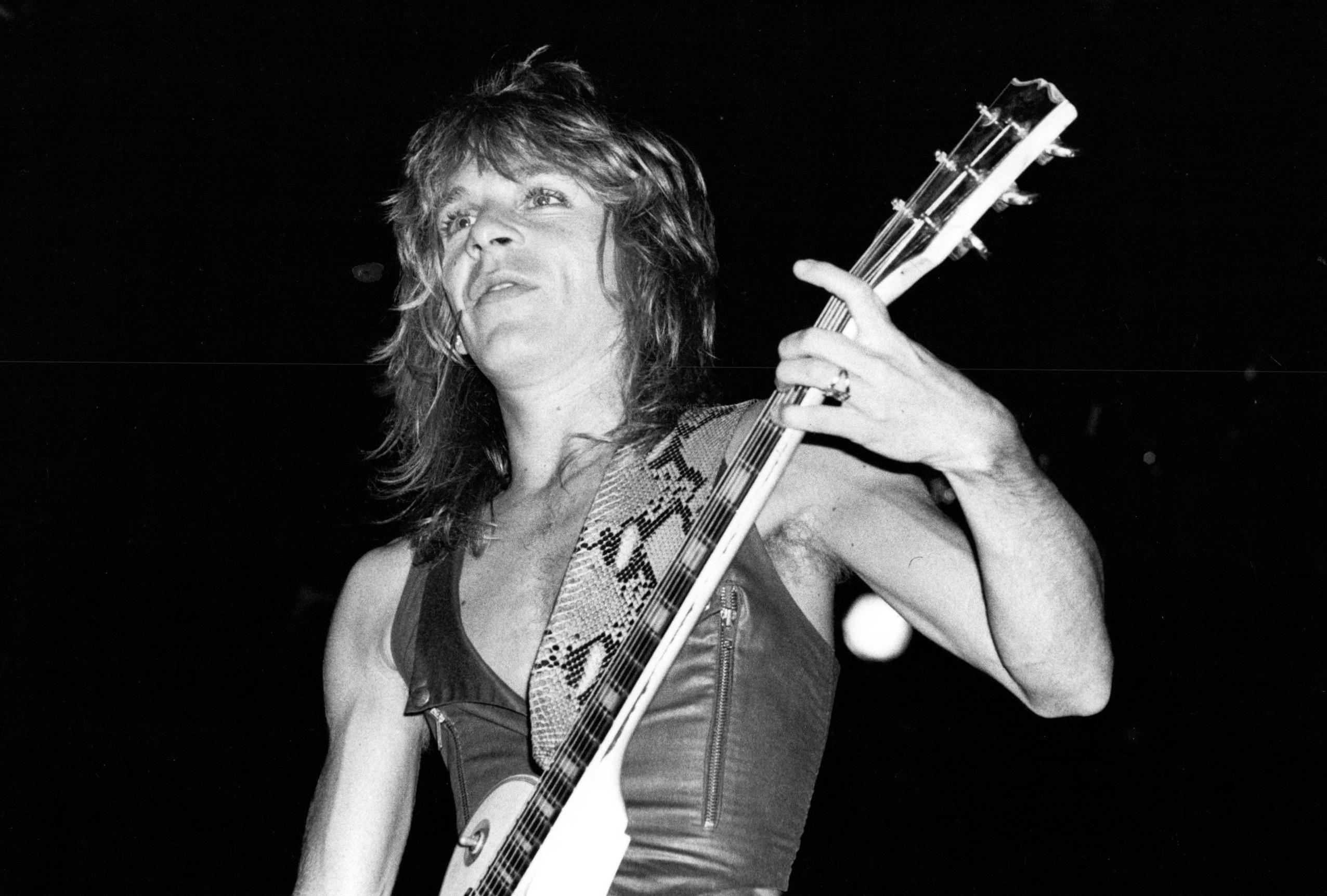 Gary Gershoff Black and White Photograph - Randy Rhoads Playing Guitar on Stage Vintage Original Photograph
