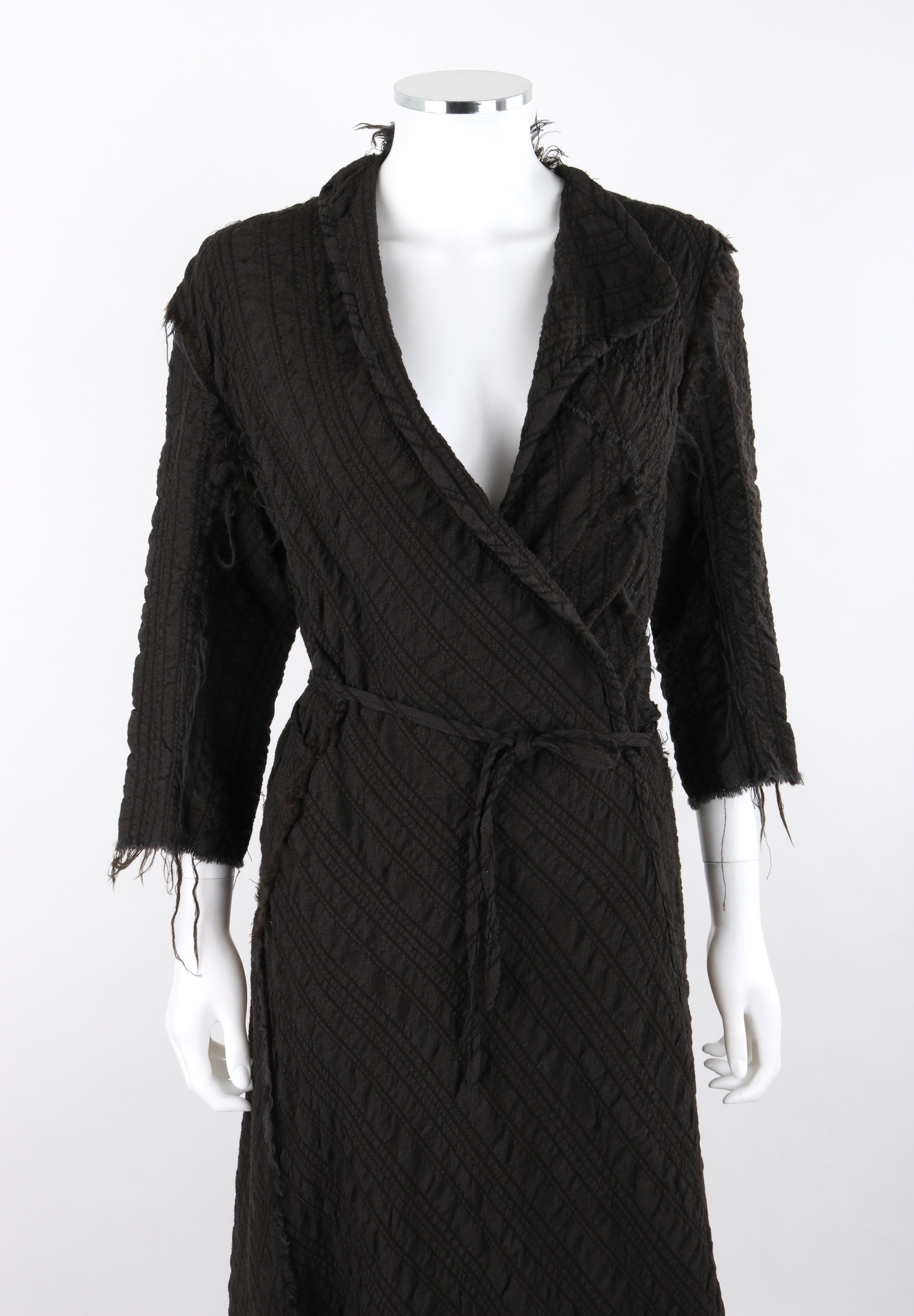 GARY GRAHAM 2003 Black Wool Distressed Asymmetrical Maxi Tie Wrap Dress OOAK In Good Condition For Sale In Thiensville, WI