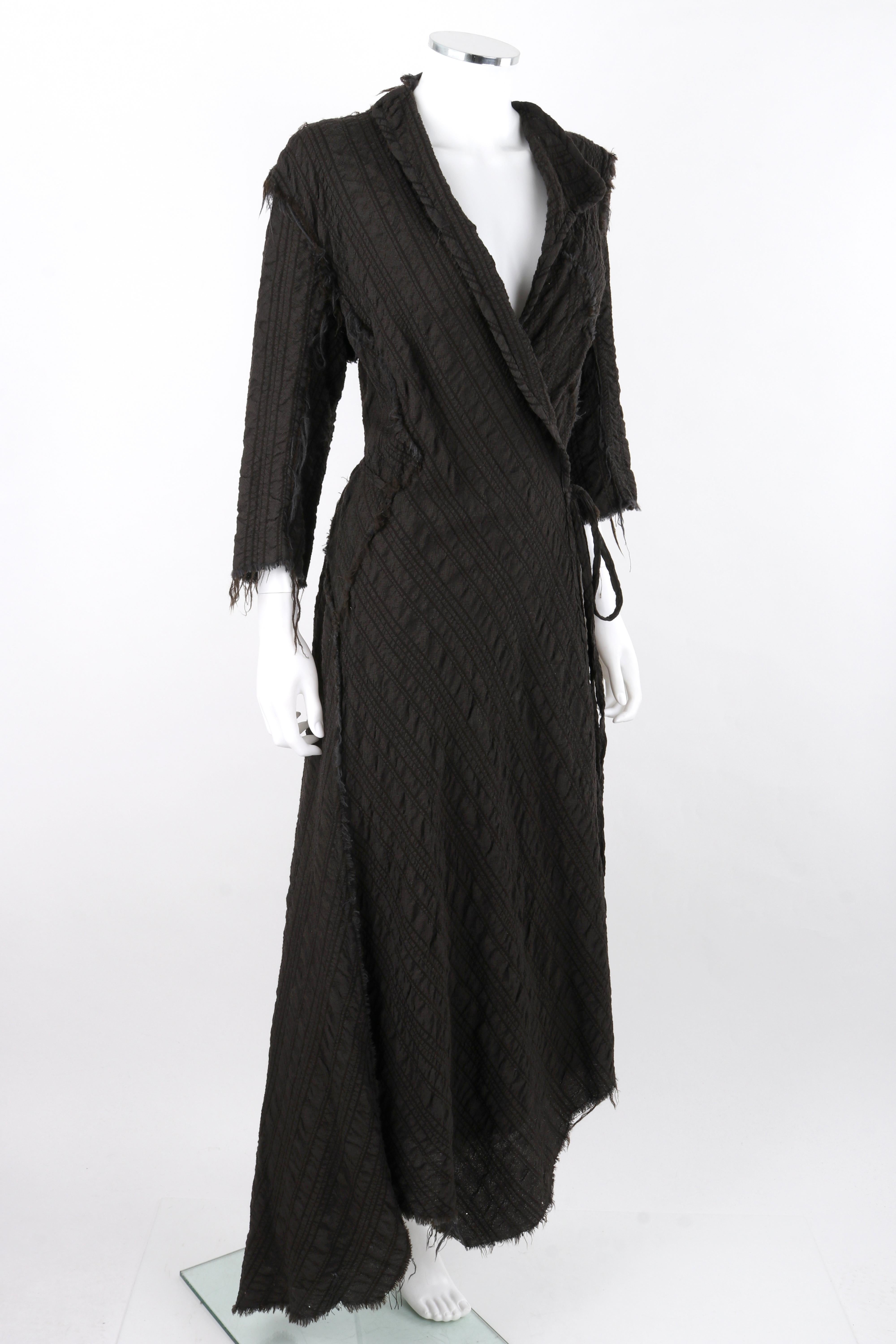 Women's GARY GRAHAM 2003 Black Wool Distressed Asymmetrical Maxi Tie Wrap Dress OOAK For Sale