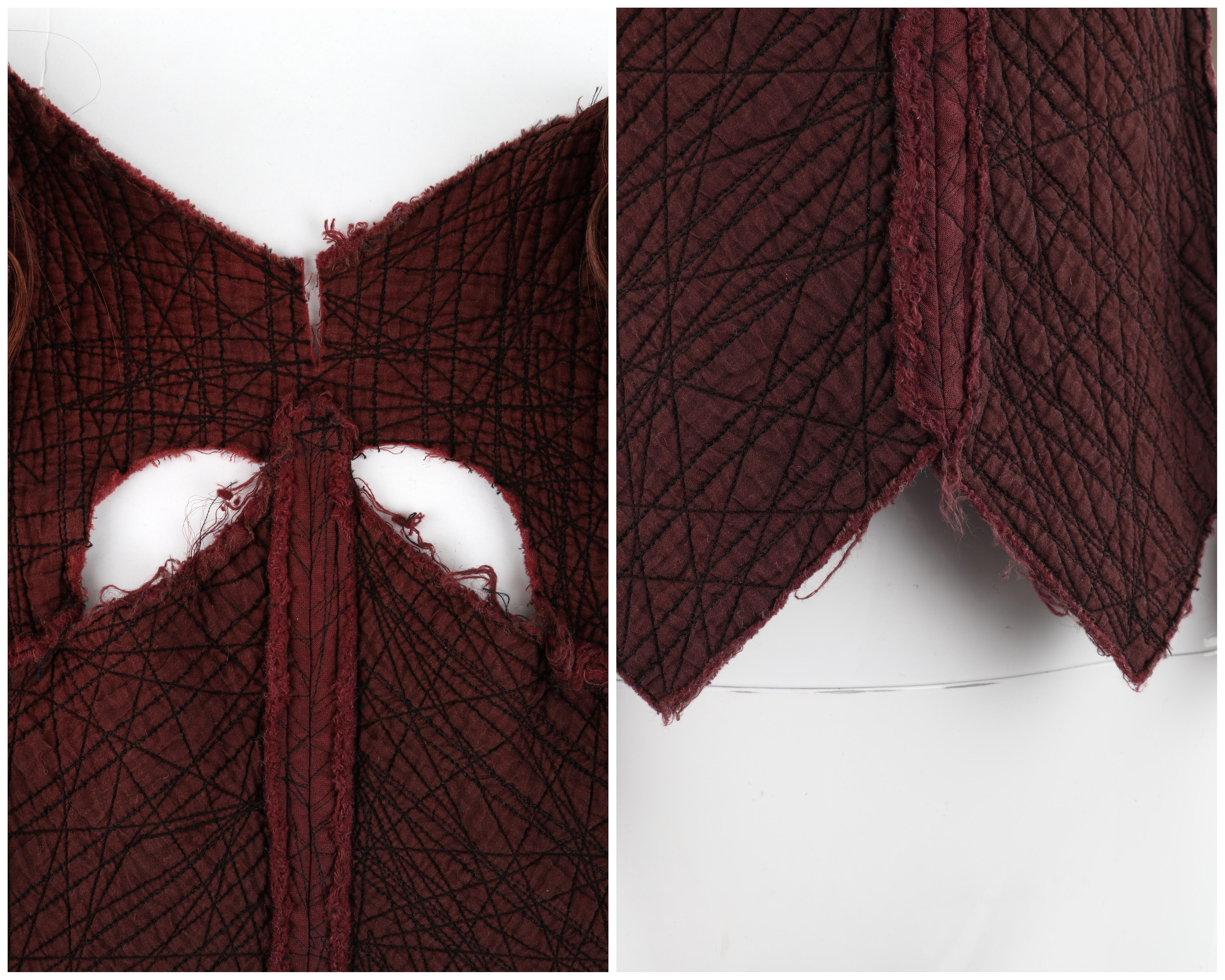 GARY GRAHAM c.2001 Maroon Silk Textured Cut Out Full Zip Up Hair Vest Blouse Top For Sale 6