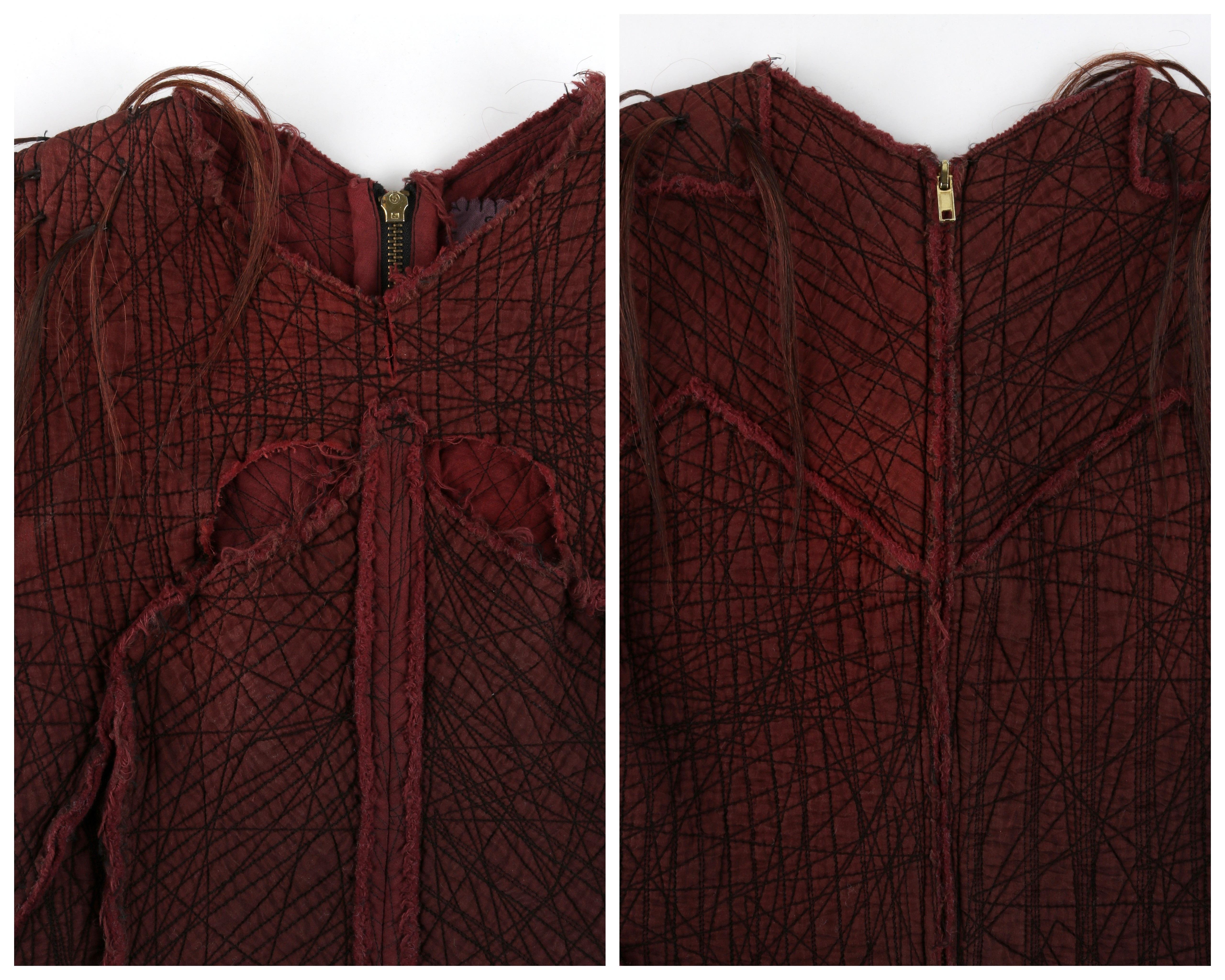 GARY GRAHAM c.2001 Maroon Silk Textured Cut Out Full Zip Up Hair Vest Blouse Top For Sale 10
