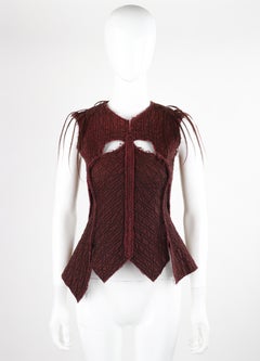 GARY GRAHAM c.2001 Maroon Silk Textured Cut Out Full Zip Up Hair Vest Blouse Top