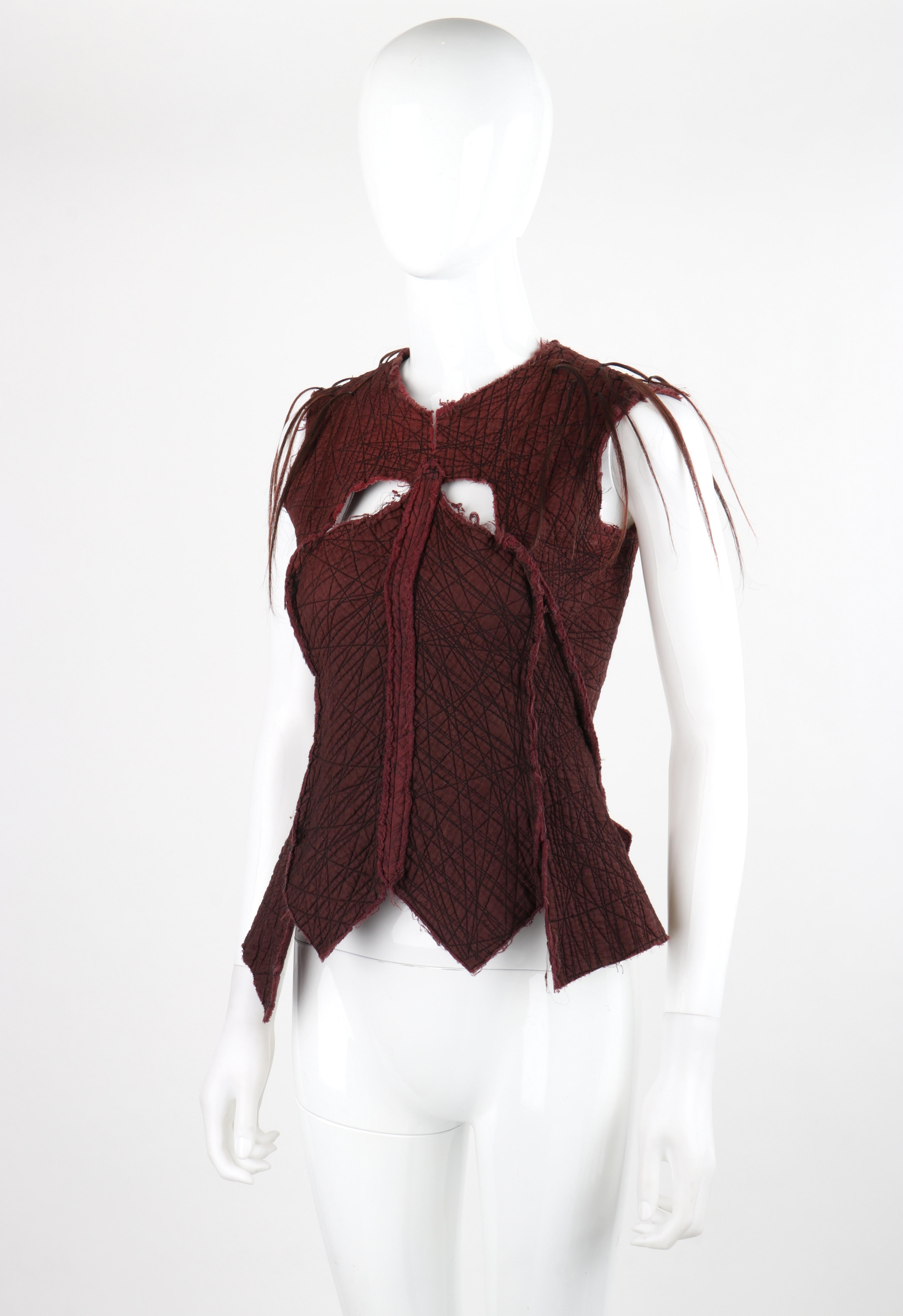 GARY GRAHAM c.2001 Maroon Silk Textured Cut Out Full Zip Up Hair Vest Blouse Top For Sale 4