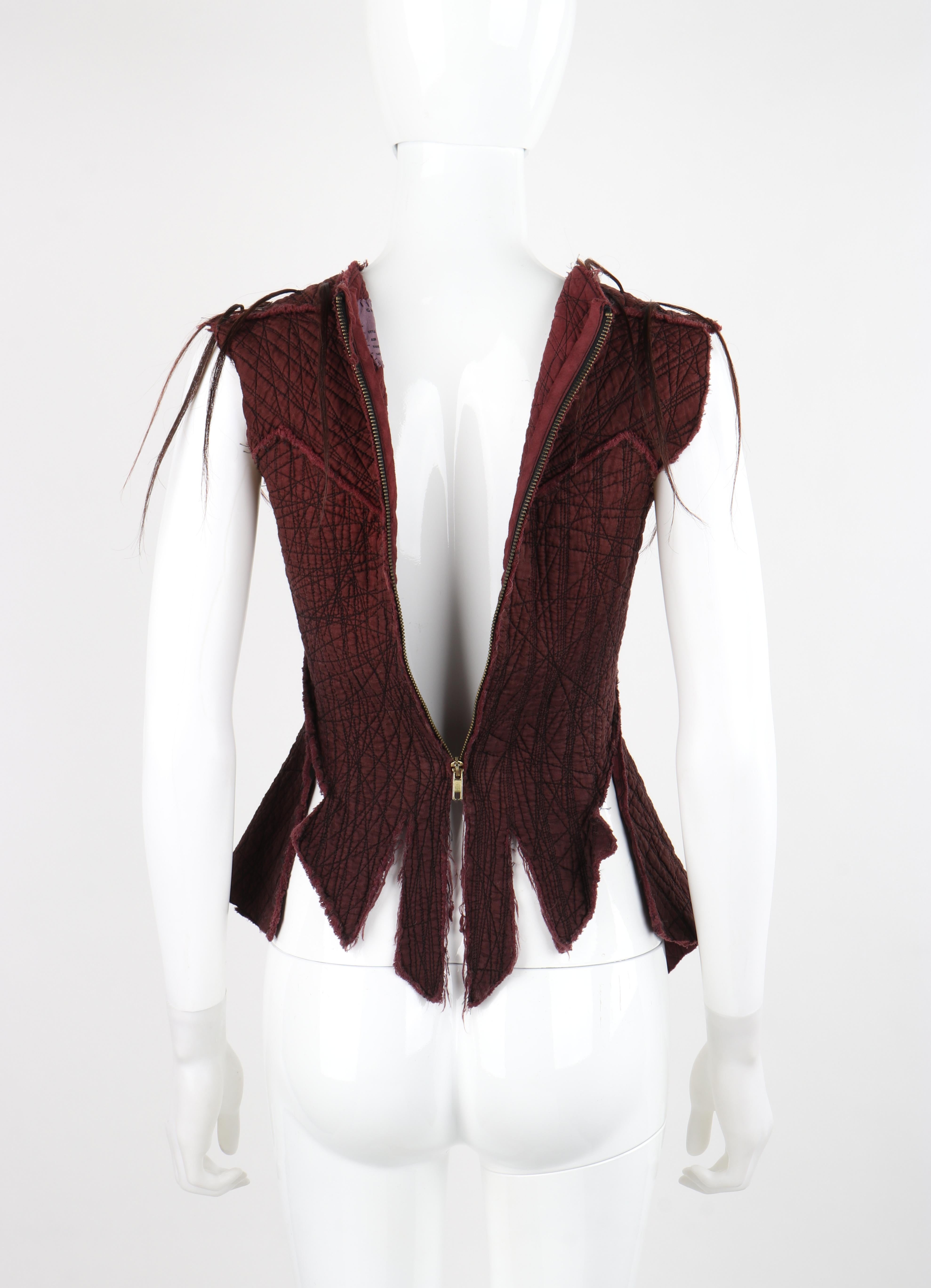 GARY GRAHAM c.2001 Maroon Silk Textured Cut Out Full Zip Up Hair Vest Blouse Top For Sale 4