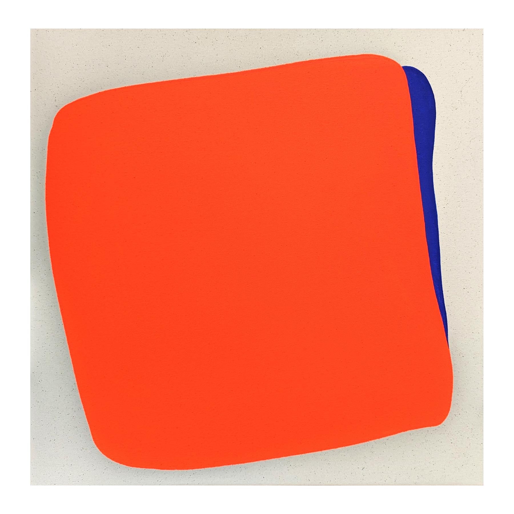Contemporary abstract painting by Houston-based artist Gary Griffin. The work features a central orange and blue rounded square shape set against an off-white background. Signed, titled, and dated on the reverse. Currently unframed, but options are