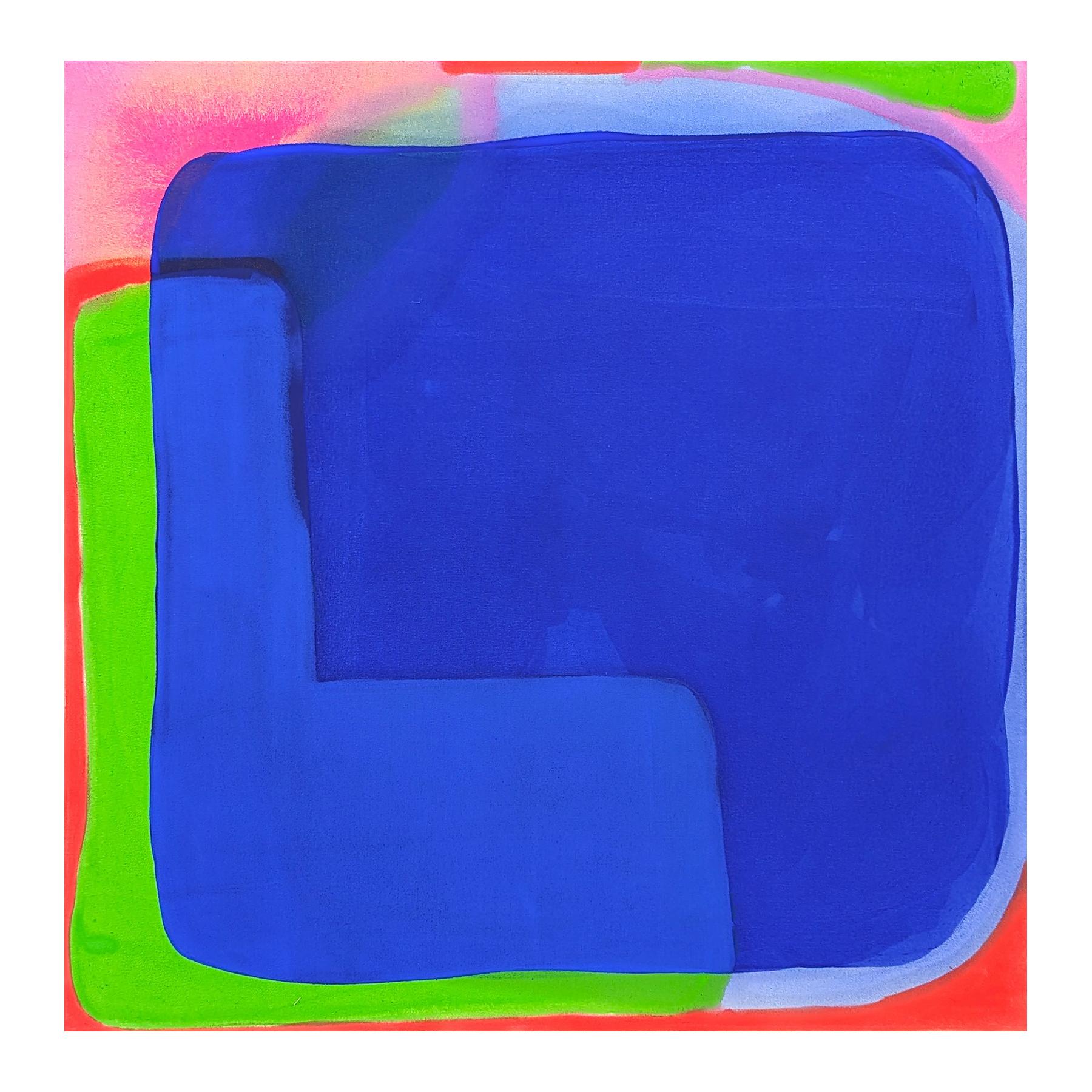 Contemporary abstract painting by Houston-based artist Gary Griffin. The work features a central amorphous shape created with diffused layers of blue, pink, green, and red paint. Signed, titled, and dated on the reverse. Currently unframed, but