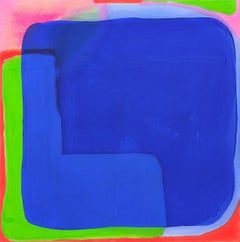 "Boundary" Peinture contemporaine en couleurs bleues, roses, vertes et rouges.