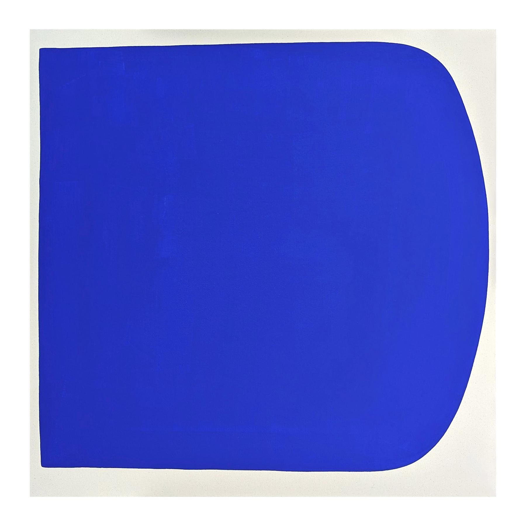 Contemporary abstract painting by Houston-based artist Gary Griffin. The work features a central bright blue rounded square shape set against an off-white background. Signed, titled, and dated on the reverse. Currently unframed, but options are