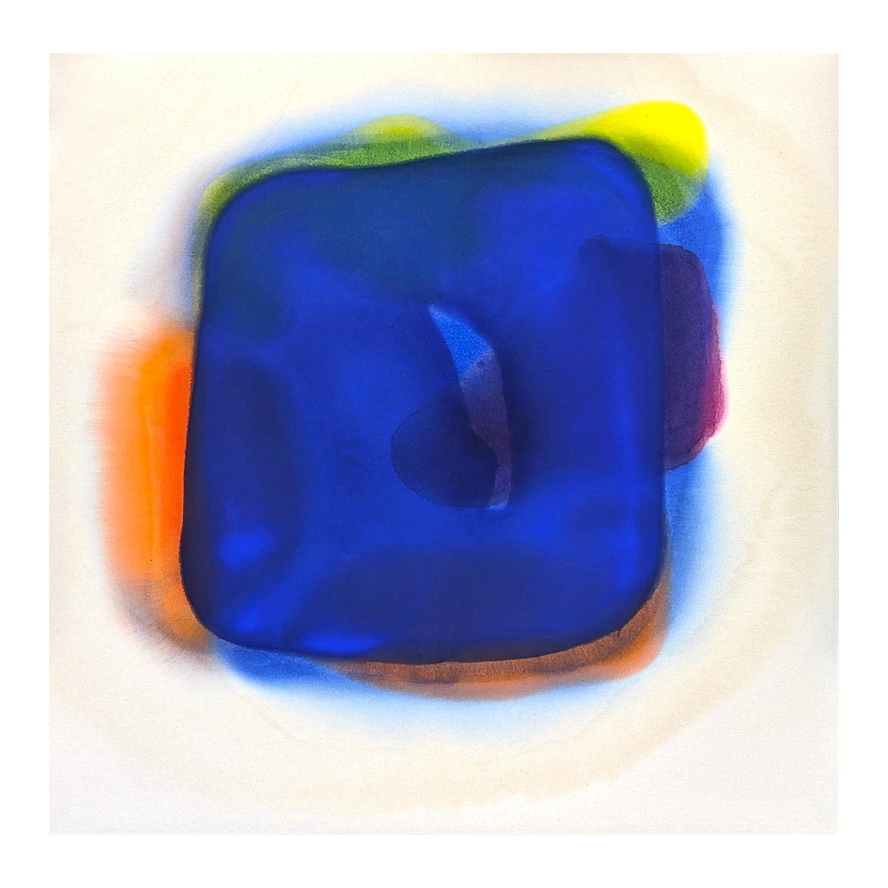 Contemporary abstract painting by Houston-based artist Gary Griffin. The work features a central amorphous shape created with diffused layers of blue, pink, yellow, and orange paint against an off-white background. Signed, titled, and dated on the