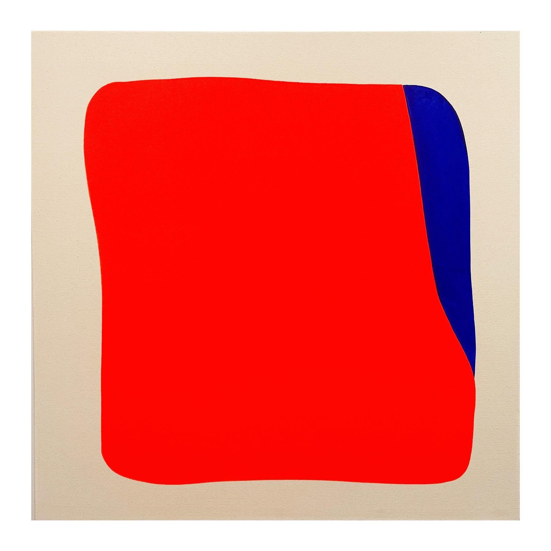 Contemporary geometric abstract painting by Houston-based artist Gary Griffin. The work features an orange and blue rounded-edge square shape set against an off-white background. Signed and titled on the reverse. Recently featured in 