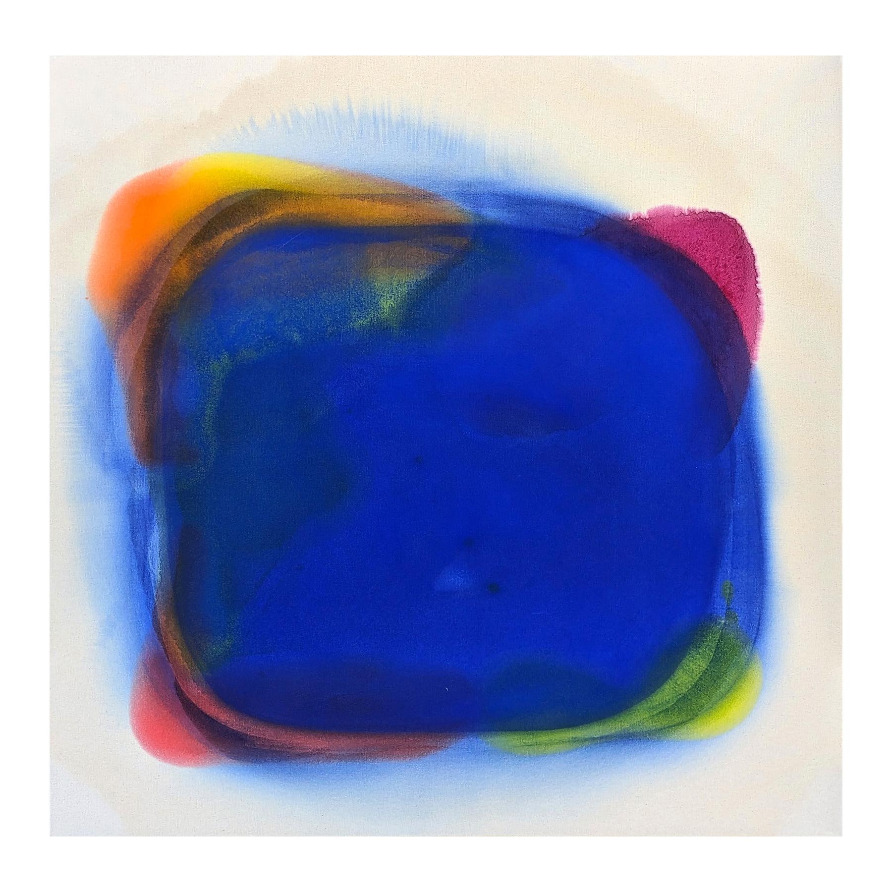 Contemporary abstract painting by Houston-based artist Gary Griffin. The work features a central amorphous shape created with diffused layers of blue, pink, yellow, and orange paint against an off-white background. Signed, titled, and dated on the