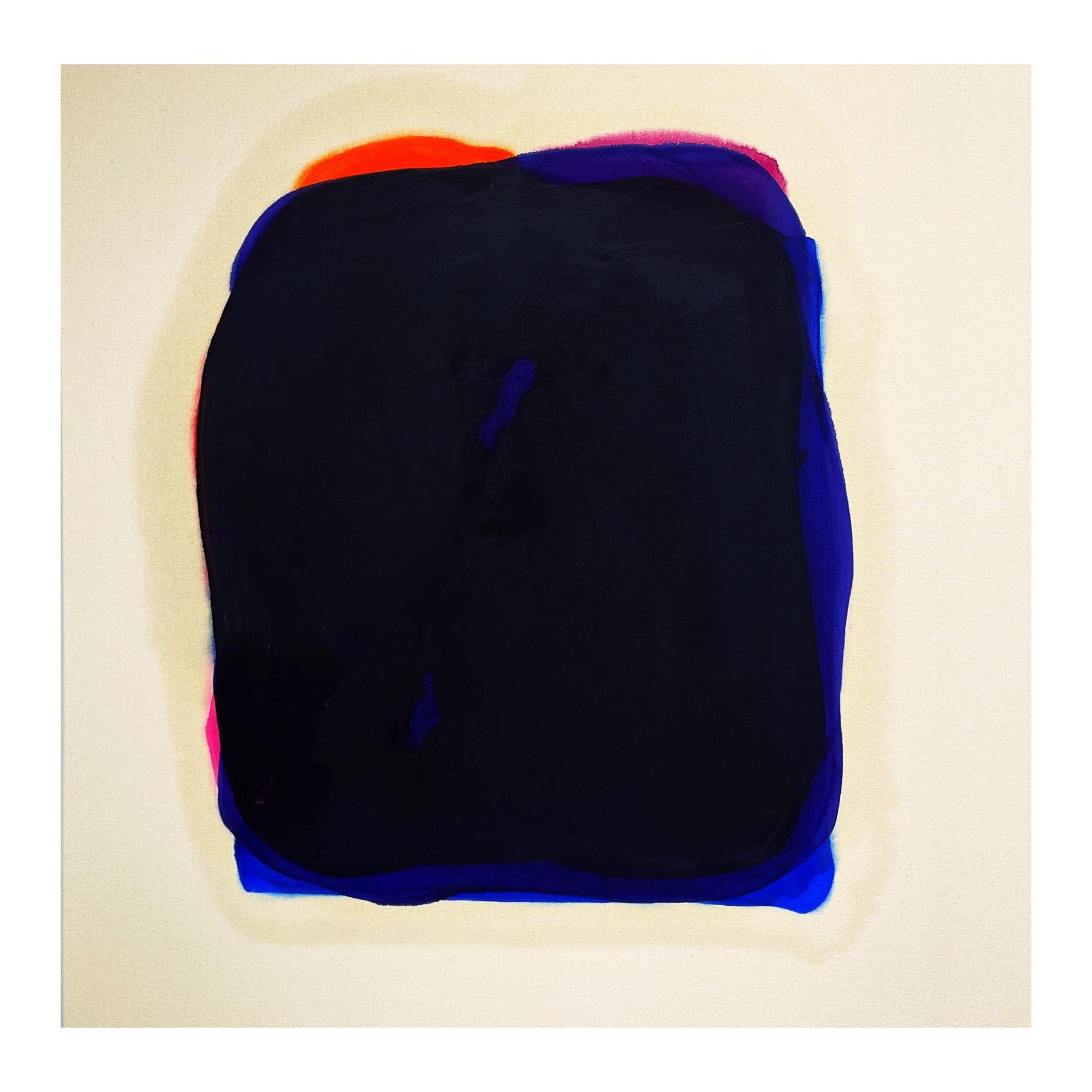 Contemporary abstract painting by Houston-based artist Gary Griffin. The work features a central amorphous shape created with diffused layers of black, pink, and orange paint against an off-white background. Signed and titled on the reverse.
