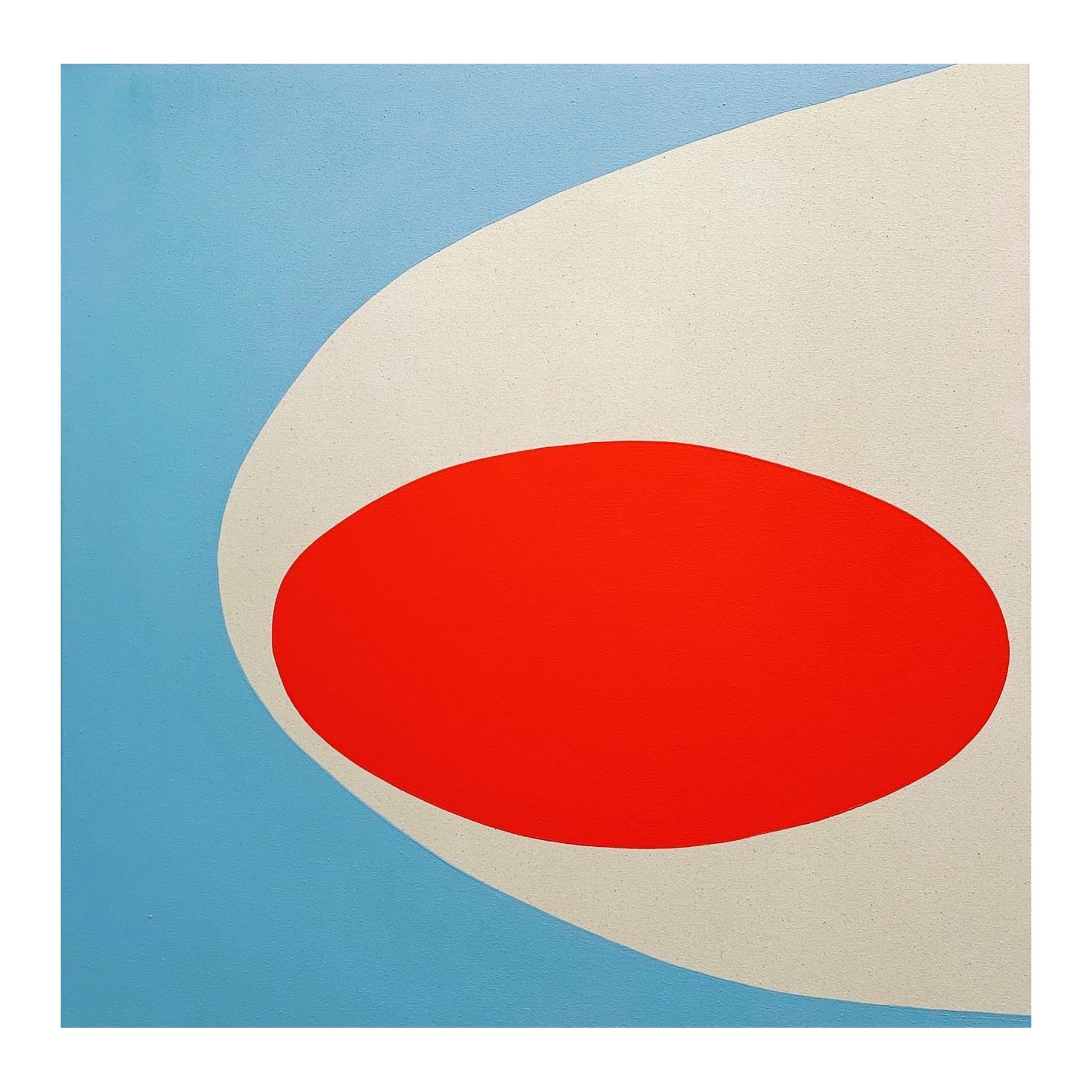 Contemporary geometric abstract painting by Houston-based artist Gary Griffin. The work features an orange oval shape nestled in a light blue curve against an off-white background. Signed and titled on the reverse. Recently featured in 