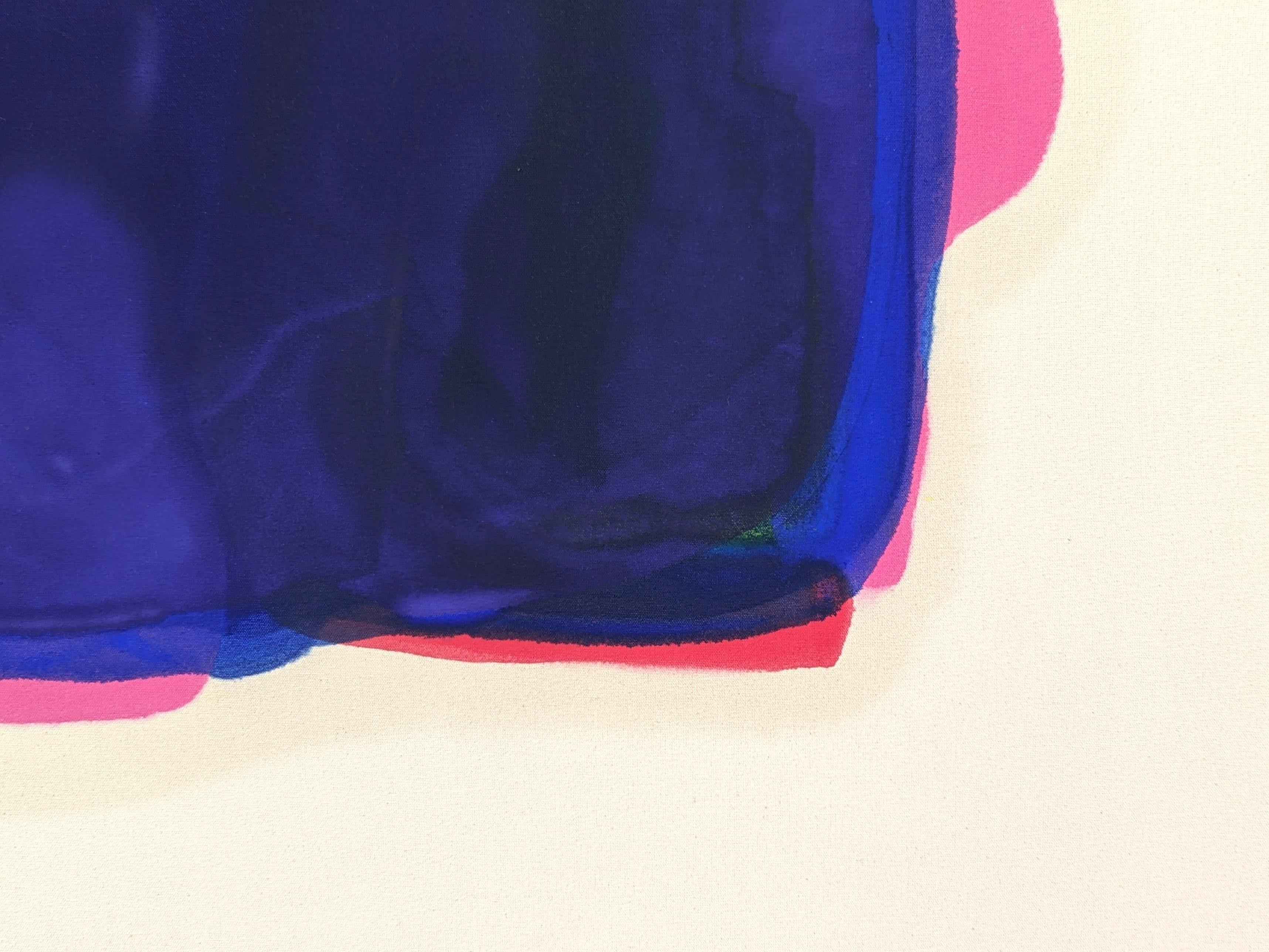 Pittura astratta contemporanea dell'artista di Houston Gary Griffin. L'opera presenta una forma centrale amorfa creata con strati diffusi di vernice blu, rosa, gialla e arancione su uno sfondo bianco sporco. Firmato, intitolato e datato sul retro.