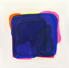 "Recall" Peinture contemporaine à champs de couleurs bleu, orange, jaune et rose