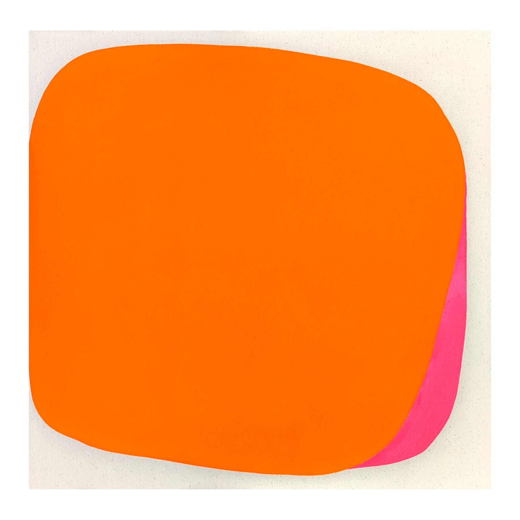 Contemporary abstract painting by Houston-based artist Gary Griffin. The work features a central orange and pink rounded square shape set against an off-white background. Signed, titled, and dated on the reverse. Currently unframed, but options are