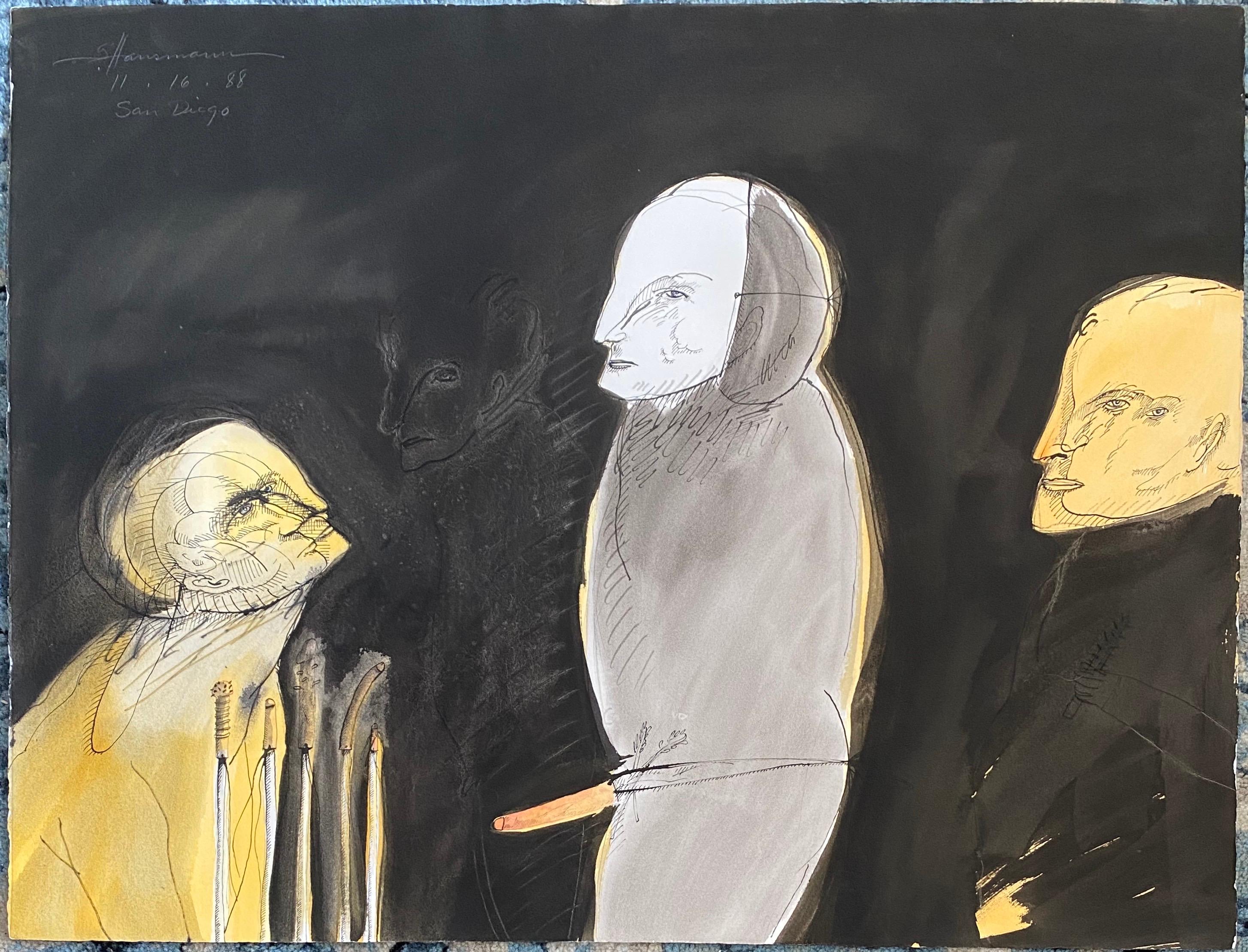 Surrealismo Figurativo Moderno Acuarela, Dibujo - "Los Vestidores"