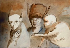 Modern Figurative Surrealism Watercolor Painting, Drawing 'Faces of Deceit'
