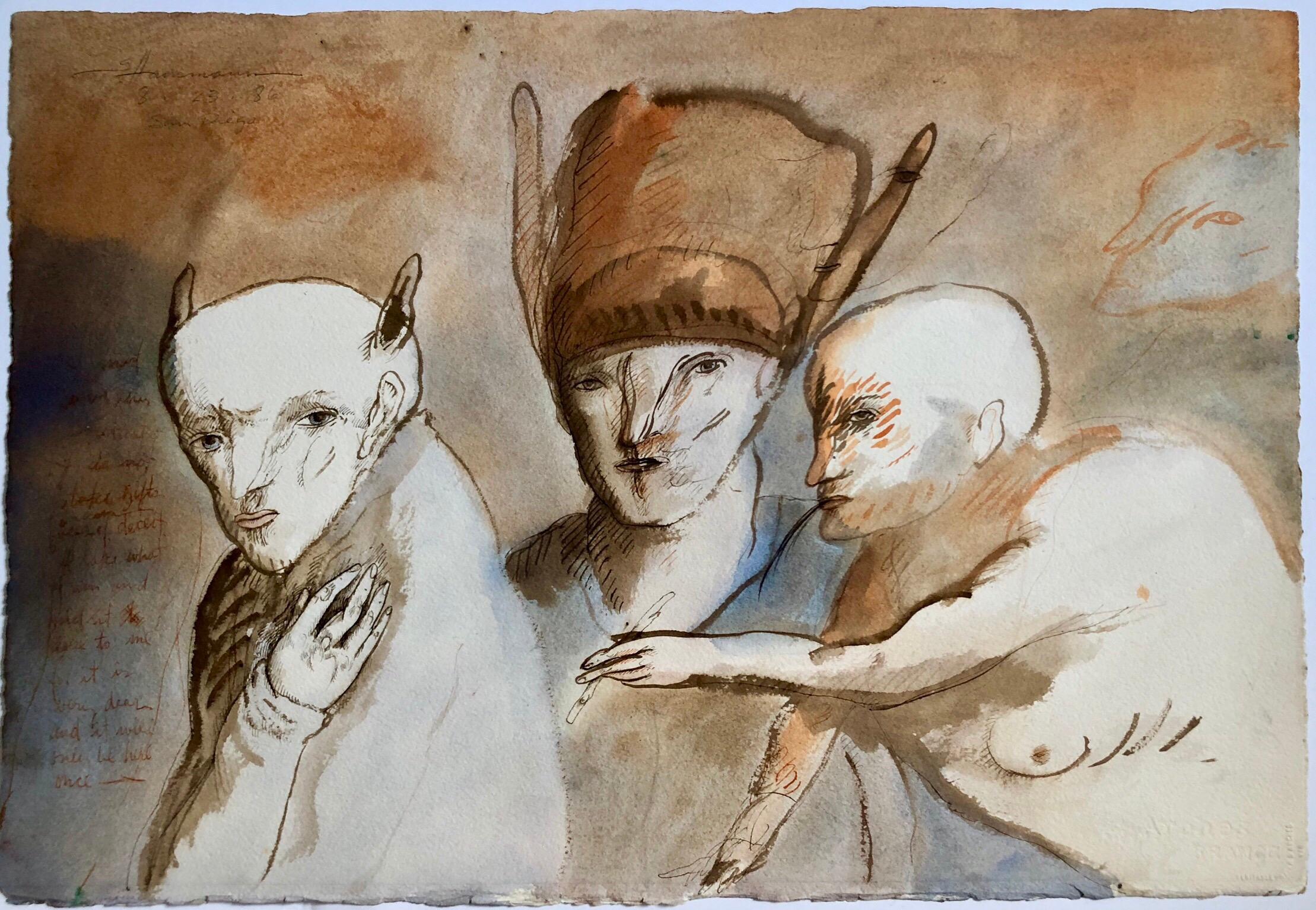 Modern Figurative Surrealism Watercolor Painting, Drawing 'Faces of Deceit' 