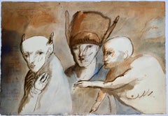 Vintage Modern Figurative Surrealism Watercolor Painting, Drawing 'Faces of Deceit' 