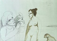 Modern Figurative Surrealism Watercolor Painting, Drawing - Women On The Beach