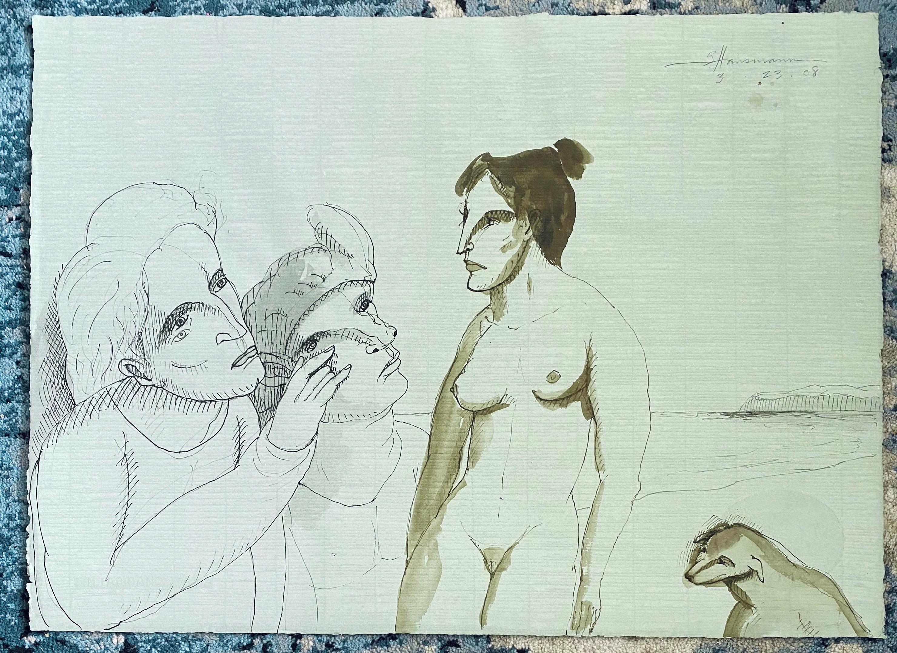 Modern Figurative Surrealism Watercolor Painting, Drawing - Women On The Beach For Sale 4