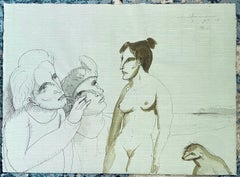 Peinture à l'aquarelle, dessin figuratif moderne surréaliste - Femmes sur la plage