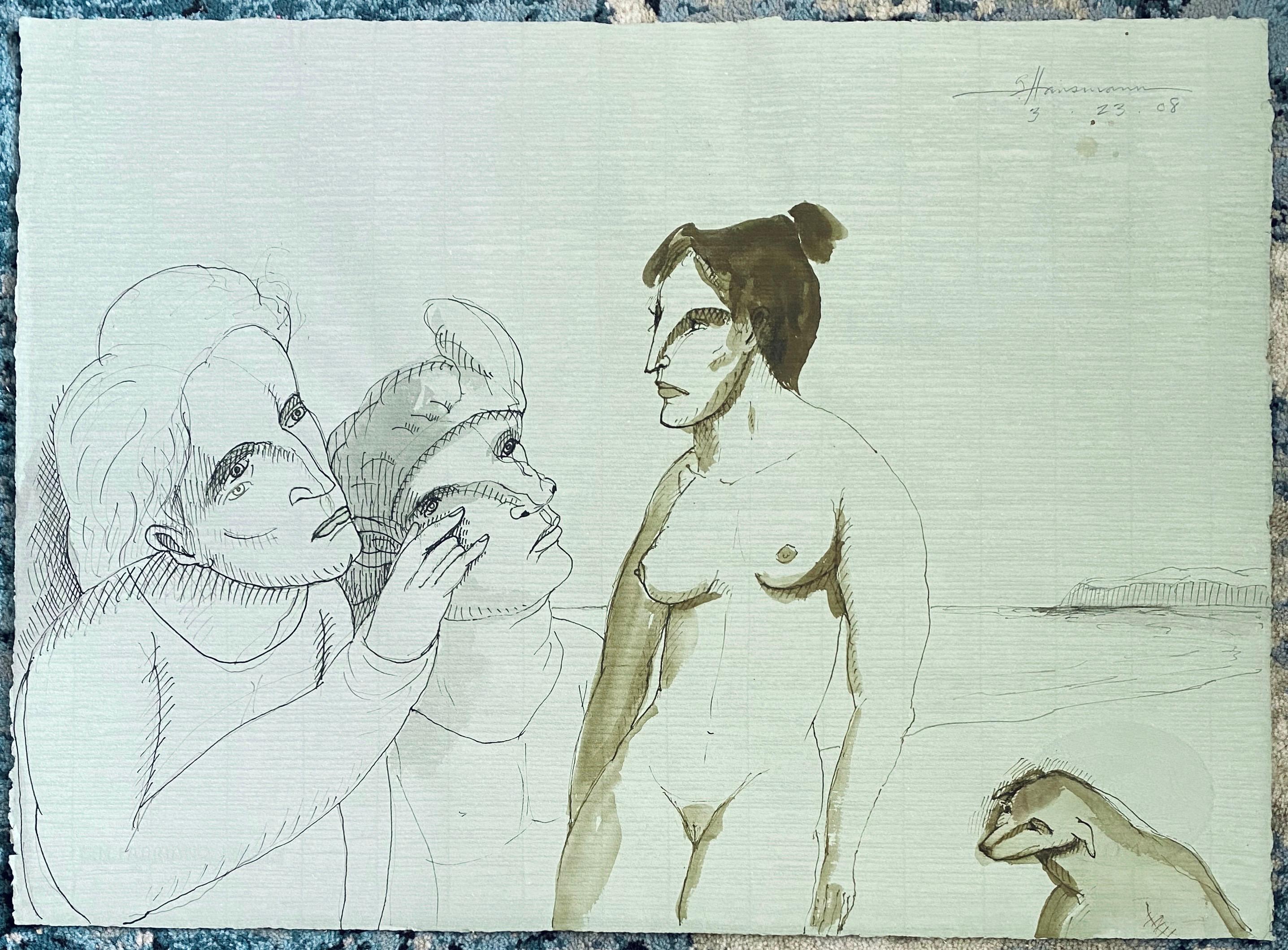 Pintura Acuarela Surrealismo Figurativo Moderno, Dibujo - Mujeres En La Playa