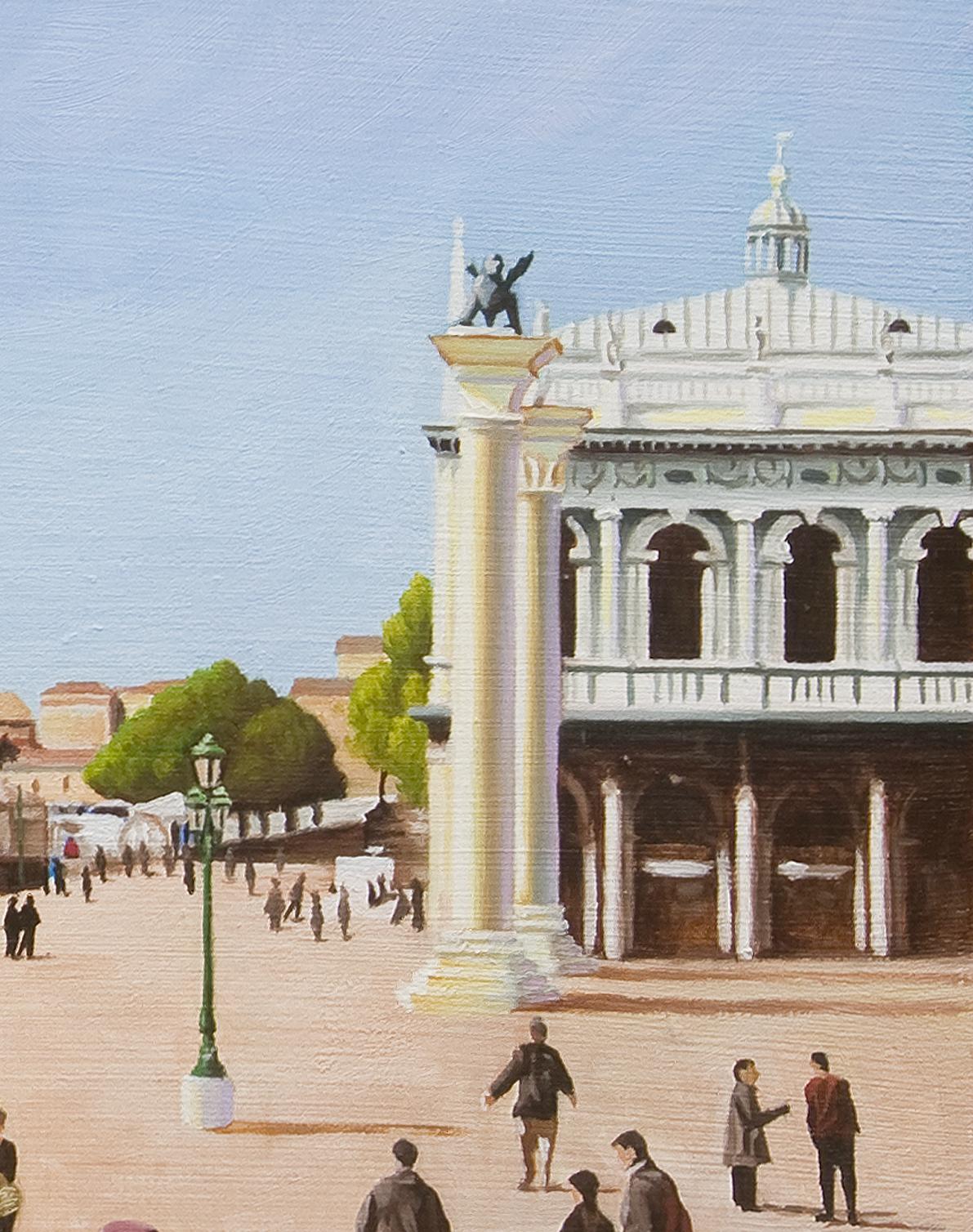 A Holiday in Venice American Realist, Landscape, People in Venice Italy - Gray Landscape Painting by Gary Hernandez