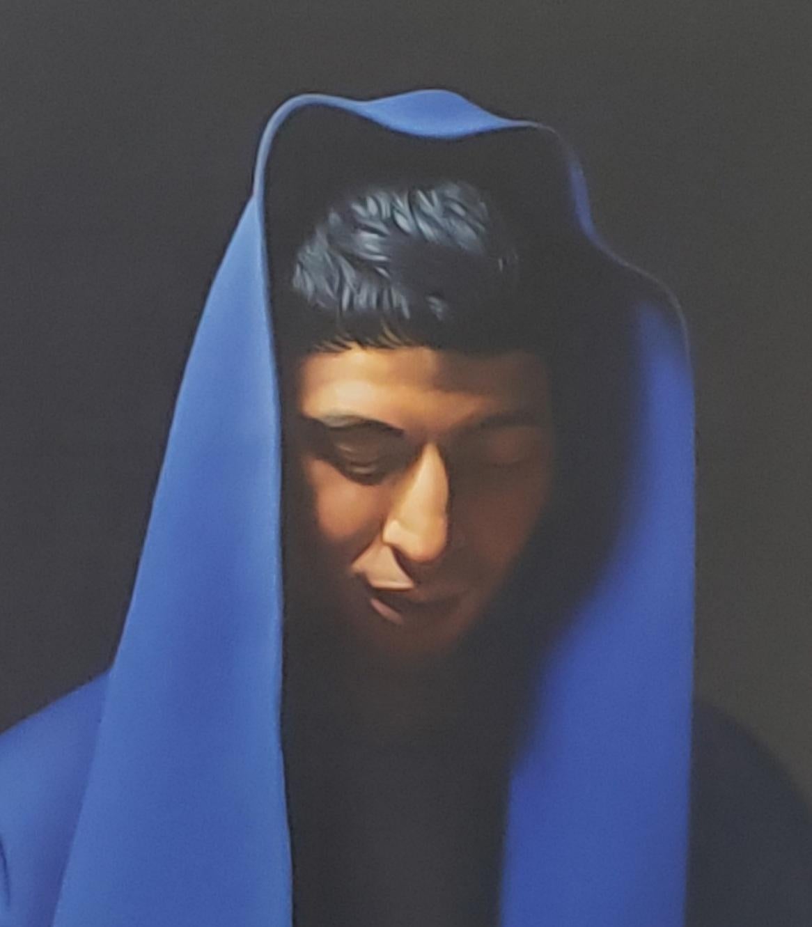 Blue , American Realist painter, Representational Figurative art, Portrait - Black Portrait Painting by Gary Hernandez