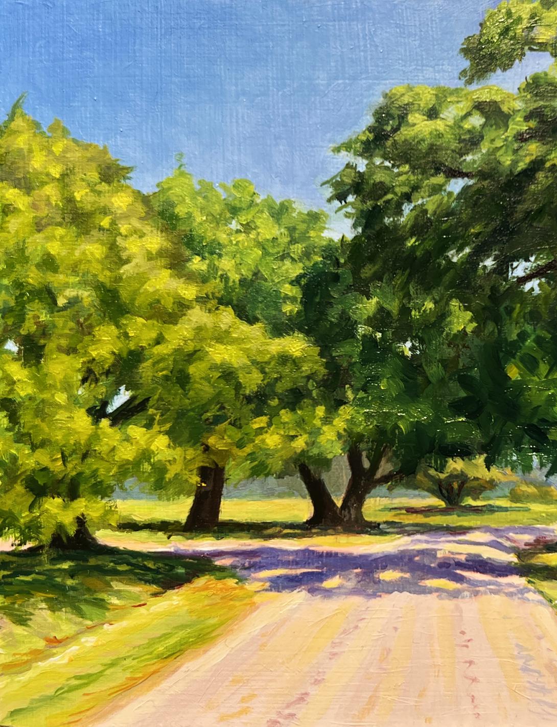 Down A Shady Lane, Olio/Pannello incorniciato, 2022, Paesaggio raffigurante un viale alberato - Painting di Gary Hernandez