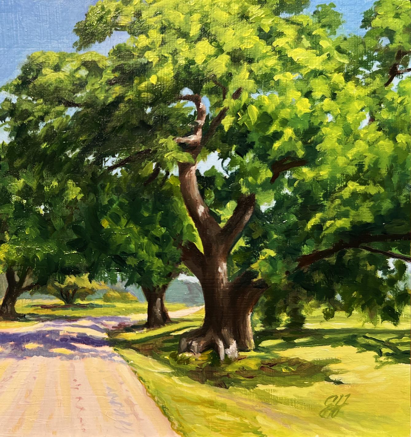 Down A Shady Lane, Olio/Pannello incorniciato, 2022, Paesaggio raffigurante un viale alberato - Painting Realismo americano di Gary Hernandez