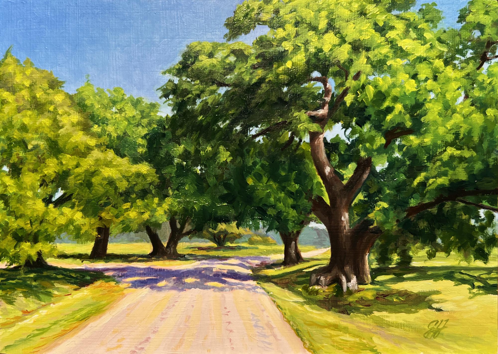 Landscape Painting di Gary Hernandez - Down A Shady Lane, Olio/Pannello incorniciato, 2022, Paesaggio raffigurante un viale alberato