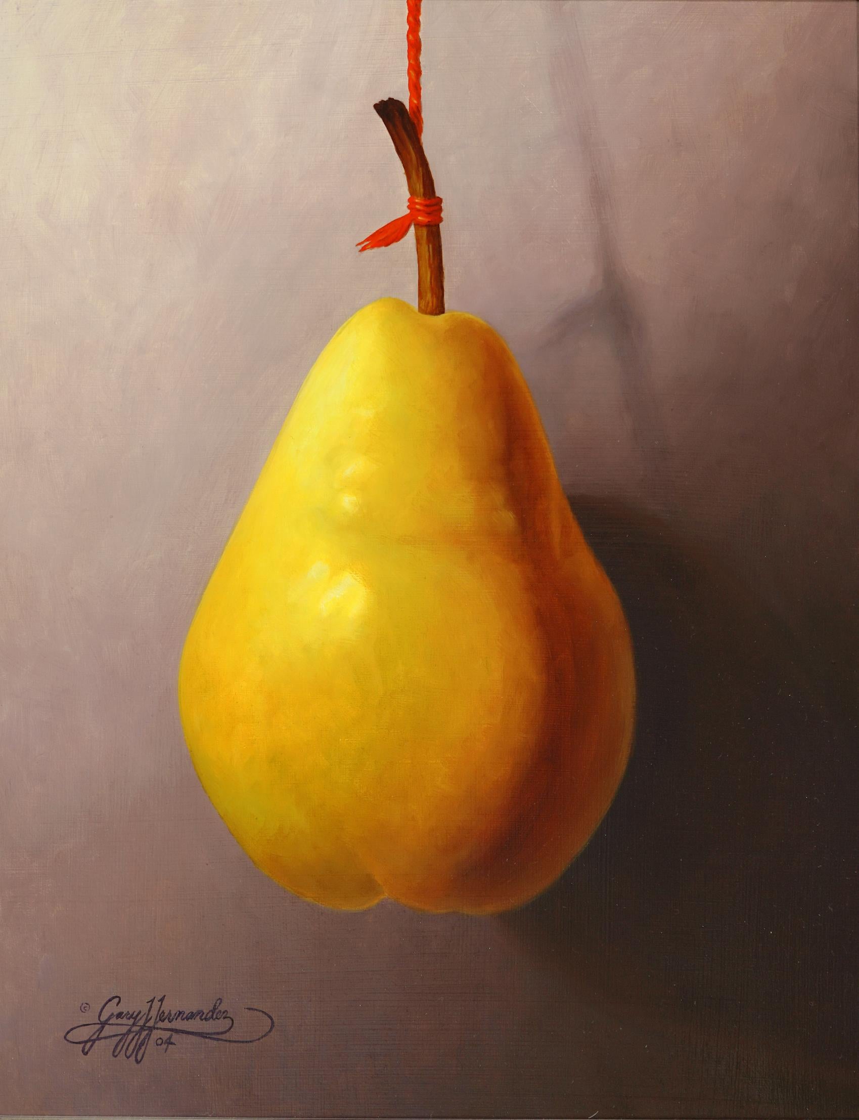 Pear on a Red String Realist Artist, Floral Painting, Representational, Framed - Black Still-Life Painting by Gary Hernandez