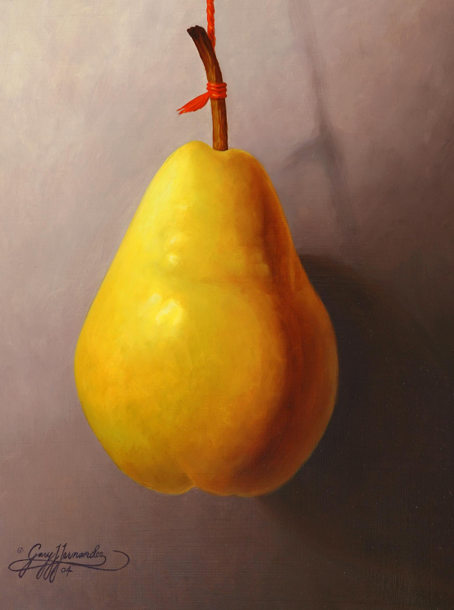 Pear on a Red String by Gary Hernandez is painted in the style of American Realism. Pear on a Red String has a custom archival frame.  
Oil on Panel
14 x 11 
What is the significance of the pear fruit?
Wealth and Prosperity. Perhaps as a confluence