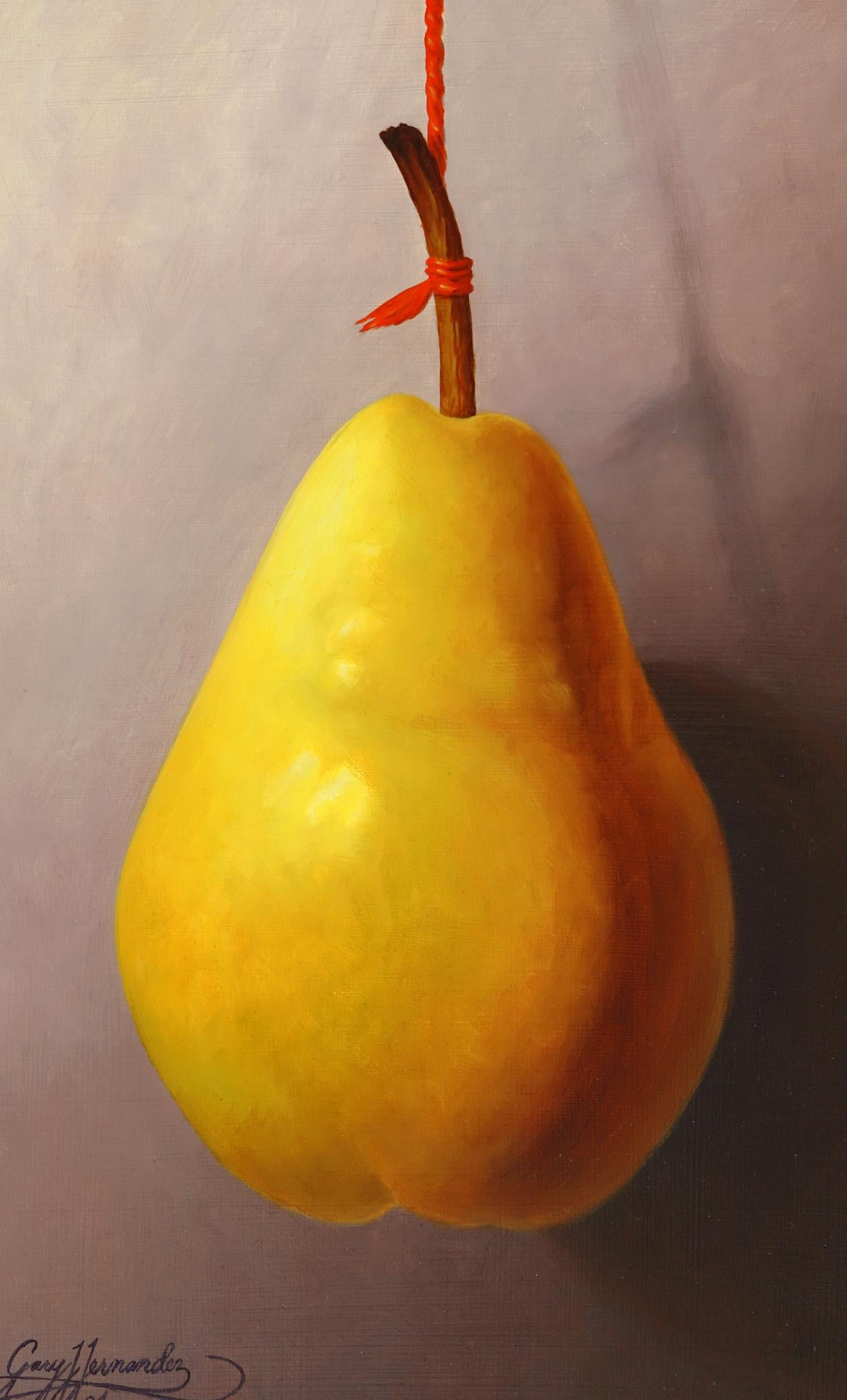 Pear on a Red String Realist Artist, Floral Painting, Representational, Framed For Sale 1