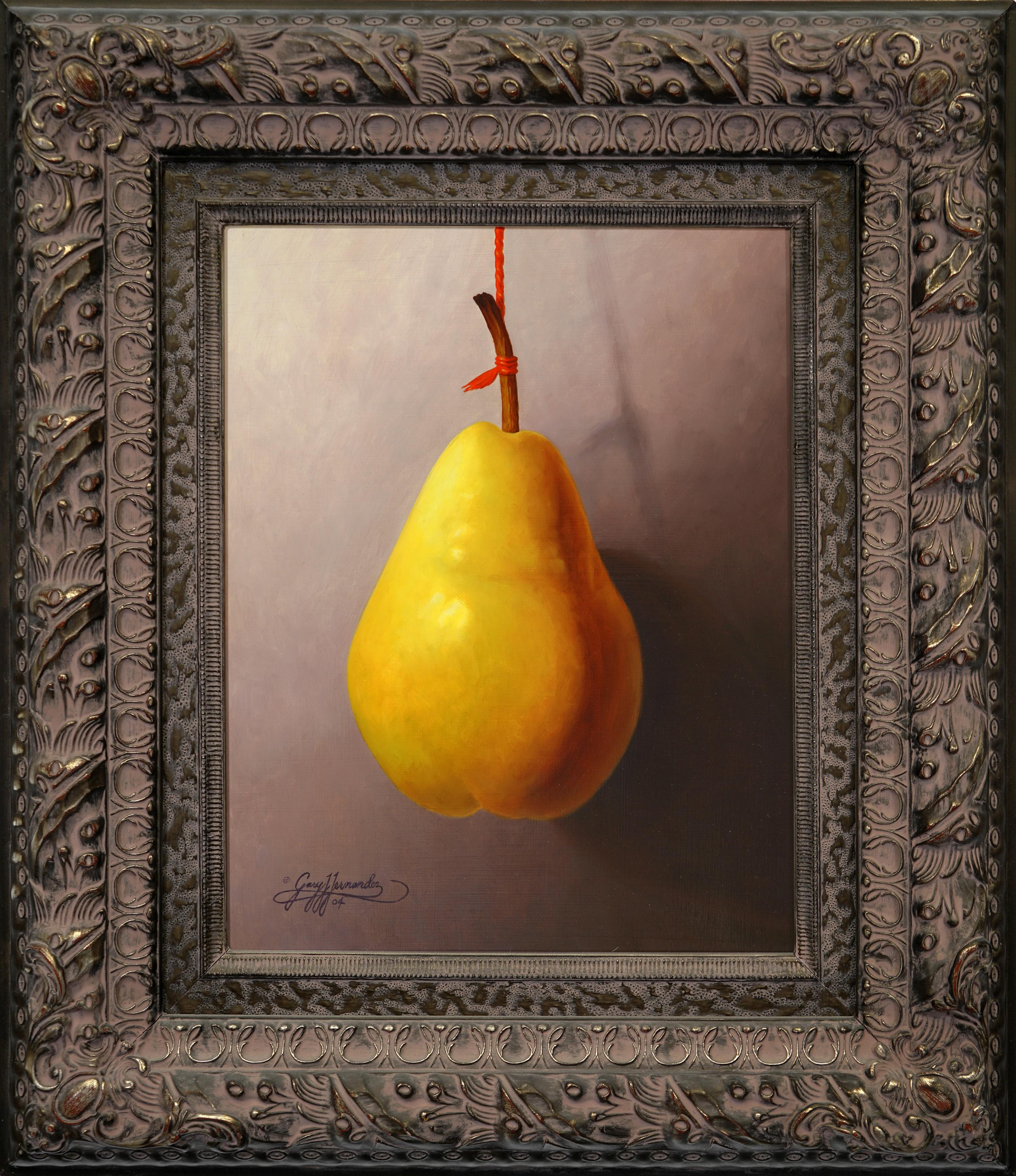 Gary Hernandez Still-Life Painting - Pear on a Red String Realist Artist, Floral Painting, Representational, Framed